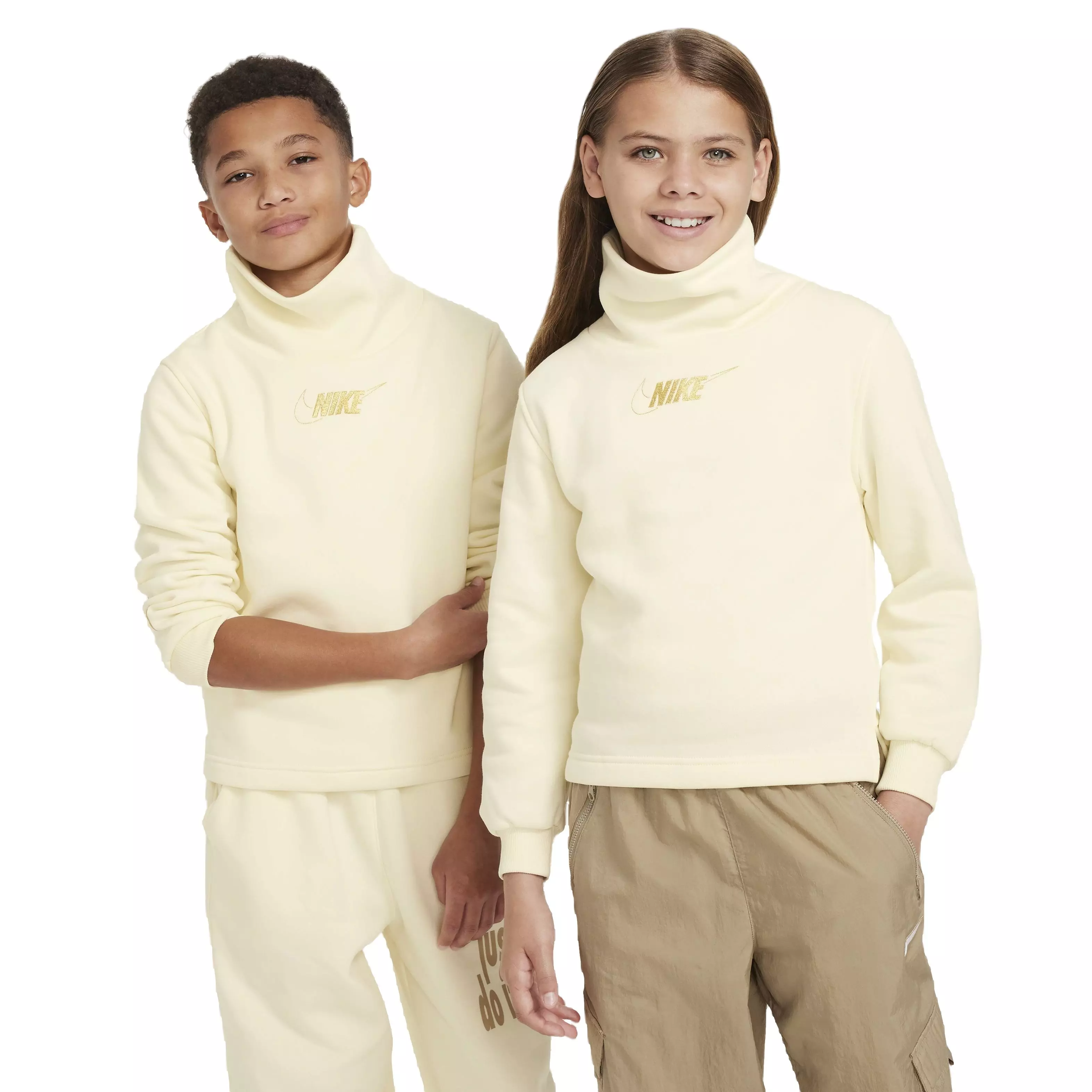 Nike Big Kids' Sportswear Club Fleece Long-Sleeve Funnel-Neck Top -Coconut Milk/Gold - COCONUT MILK/GOLD
