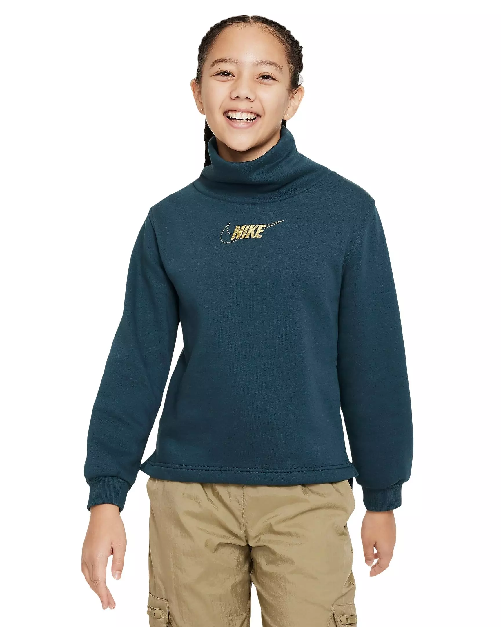 Nike Big Kids' Sportswear Club Fleece Long-Sleeve Funnel-Neck Top -Teal Green/Gold - TEAL GREEN/GOLD
