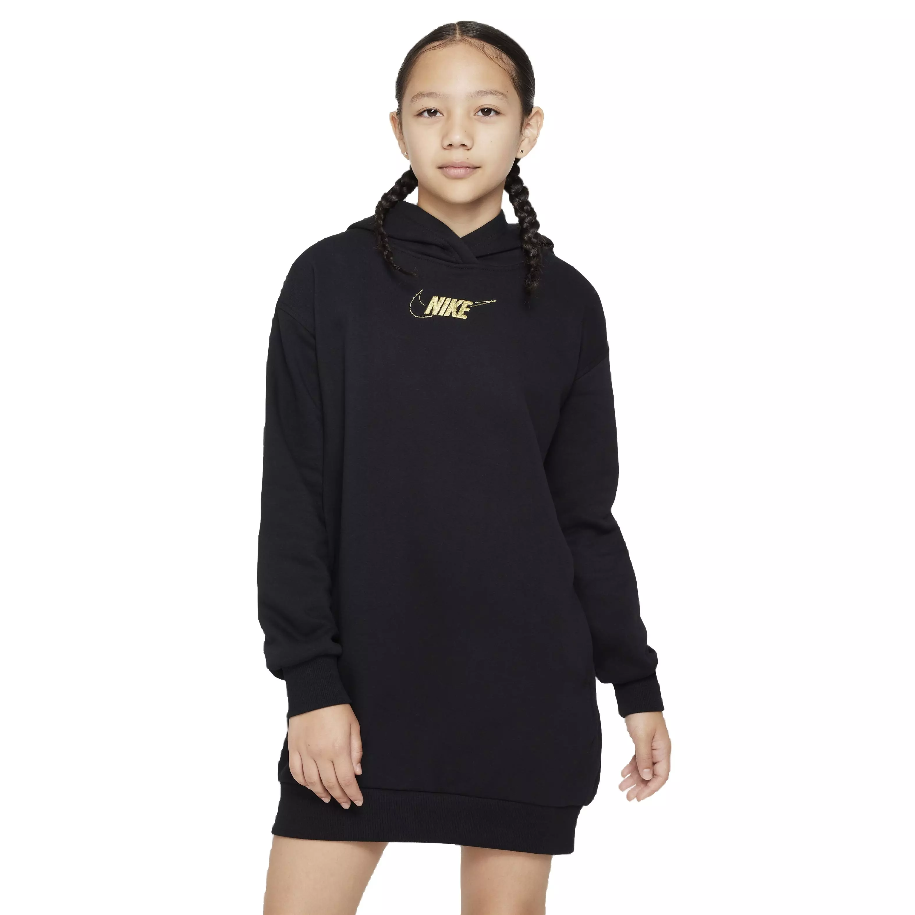 Nike Big Girls' Sportswear Club Fleece Hoodie Dress -Black/Gold - BLACK/GOLD