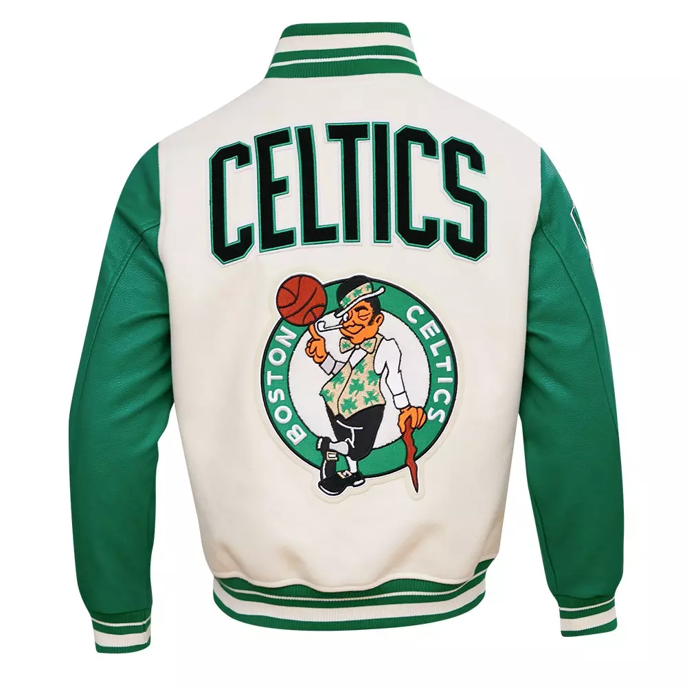 Pro Standard Men's NBA Boston Celtics Retro Classic Rib Wool Varsity Jacket -Eggshell/Kelly Green - EGGSHELL/KELLY GREEN