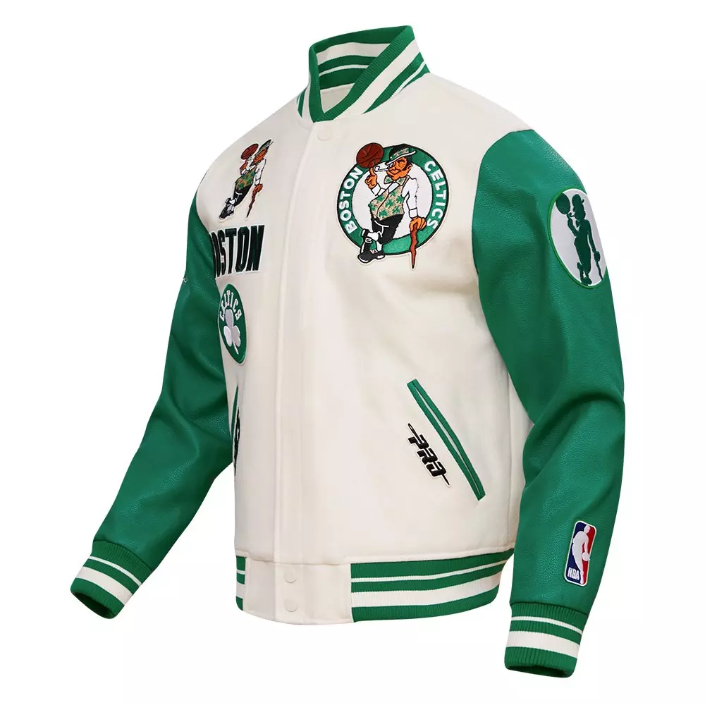 Pro Standard Men's NBA Boston Celtics Retro Classic Rib Wool Varsity Jacket - Eggshell/Kelly Green - EGGSHELL/KELLY GREEN