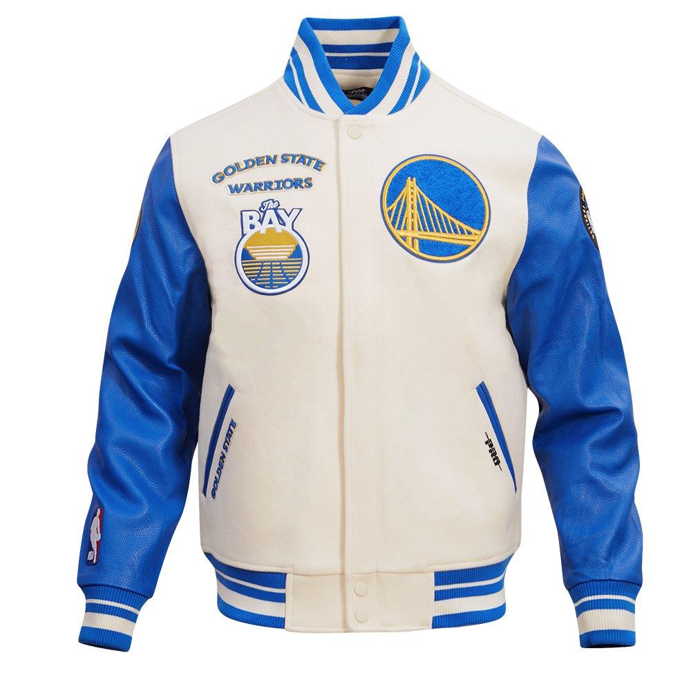 Pro Standard Men's NBA Golden State Warriors Retro Classic Rib Wool Varsity Jacket -Eggshell/Royal - EGGSHELL/ROYAL BLUE Thumbnail View 1