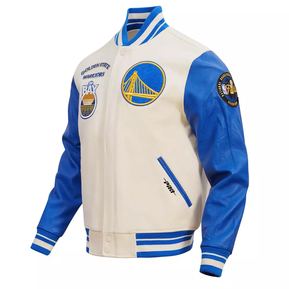 Pro Standard Men's NBA Golden State Warriors Retro Classic Rib Wool Varsity Jacket -Eggshell/Royal - EGGSHELL/ROYAL BLUE