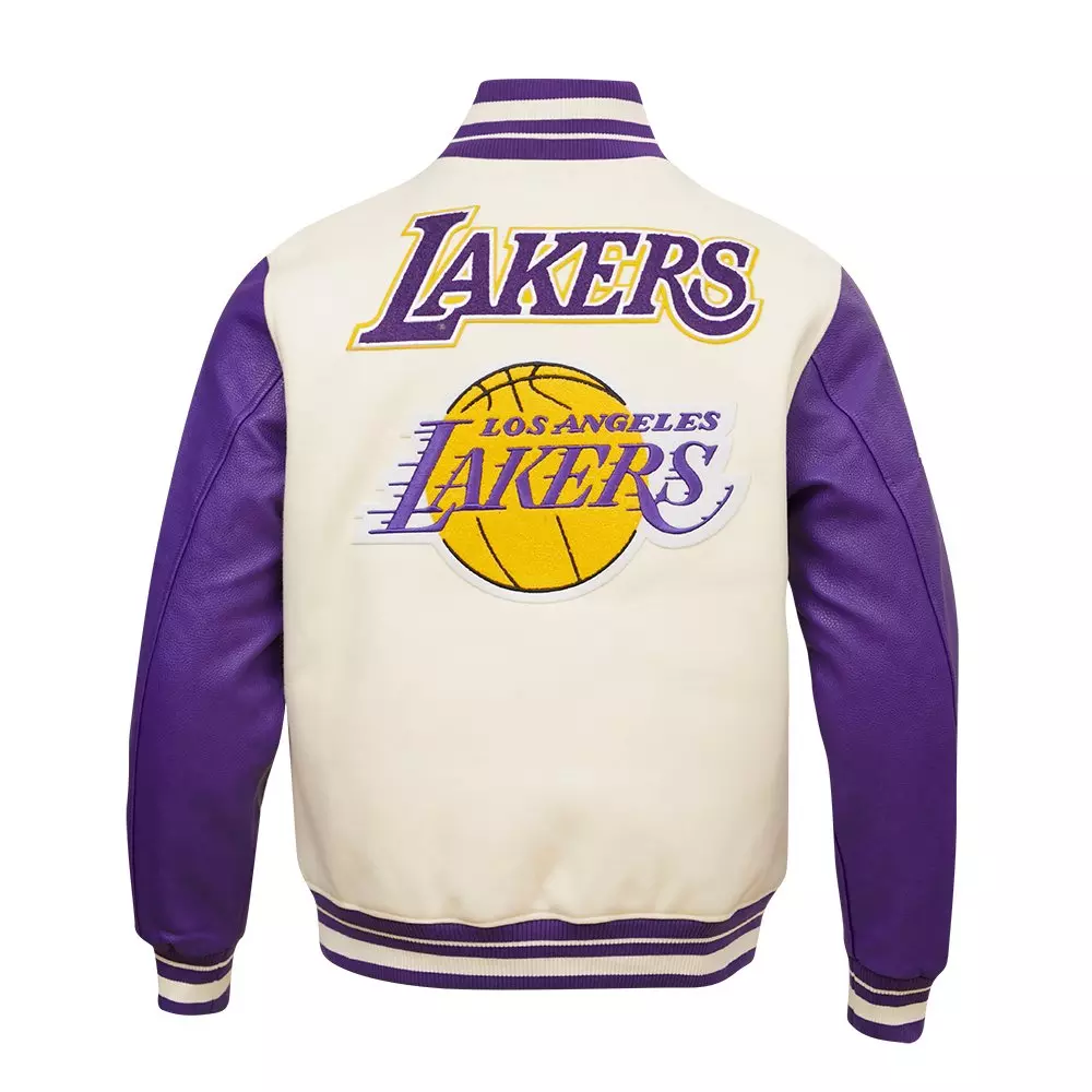 Pro Standard Men's NBA Los Angeles Lakers Retro Classic Rib Wool Varsity Jacket -Eggshell/Purple - EGGSHELL/PURPLE