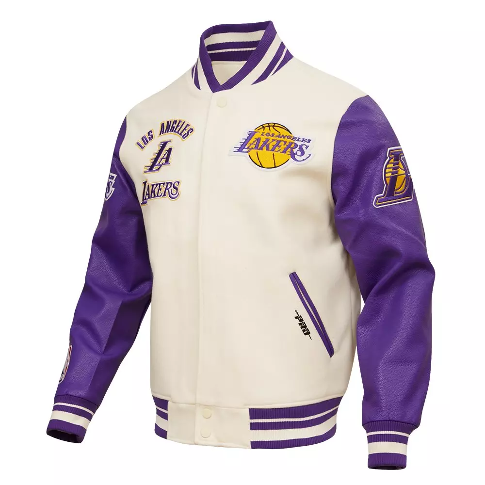 Pro Standard Men's NBA Los Angeles Lakers Retro Classic Rib Wool Varsity Jacket - Eggshell/Purple - EGGSHELL/PURPLE