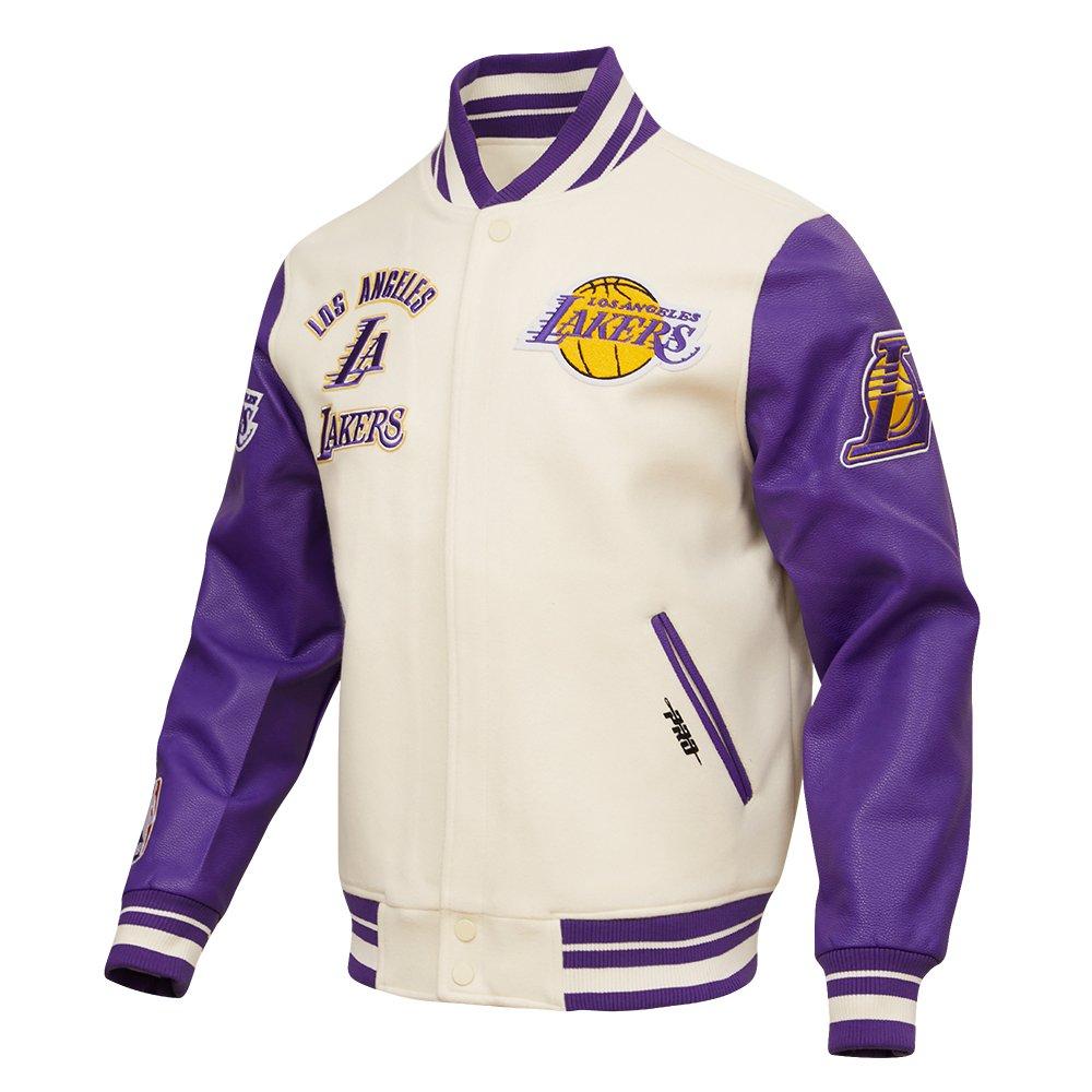 Pro Standard Men's NBA Los Angeles Lakers Retro Classic Rib Wool Varsity Jacket -Eggshell/Purple - EGGSHELL/PURPLE Thumbnail View 3