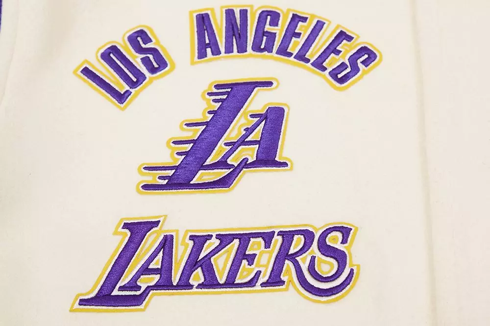 Pro Standard Men's NBA Los Angeles Lakers Retro Classic Rib Wool Varsity Jacket -Eggshell/Purple - EGGSHELL/PURPLE