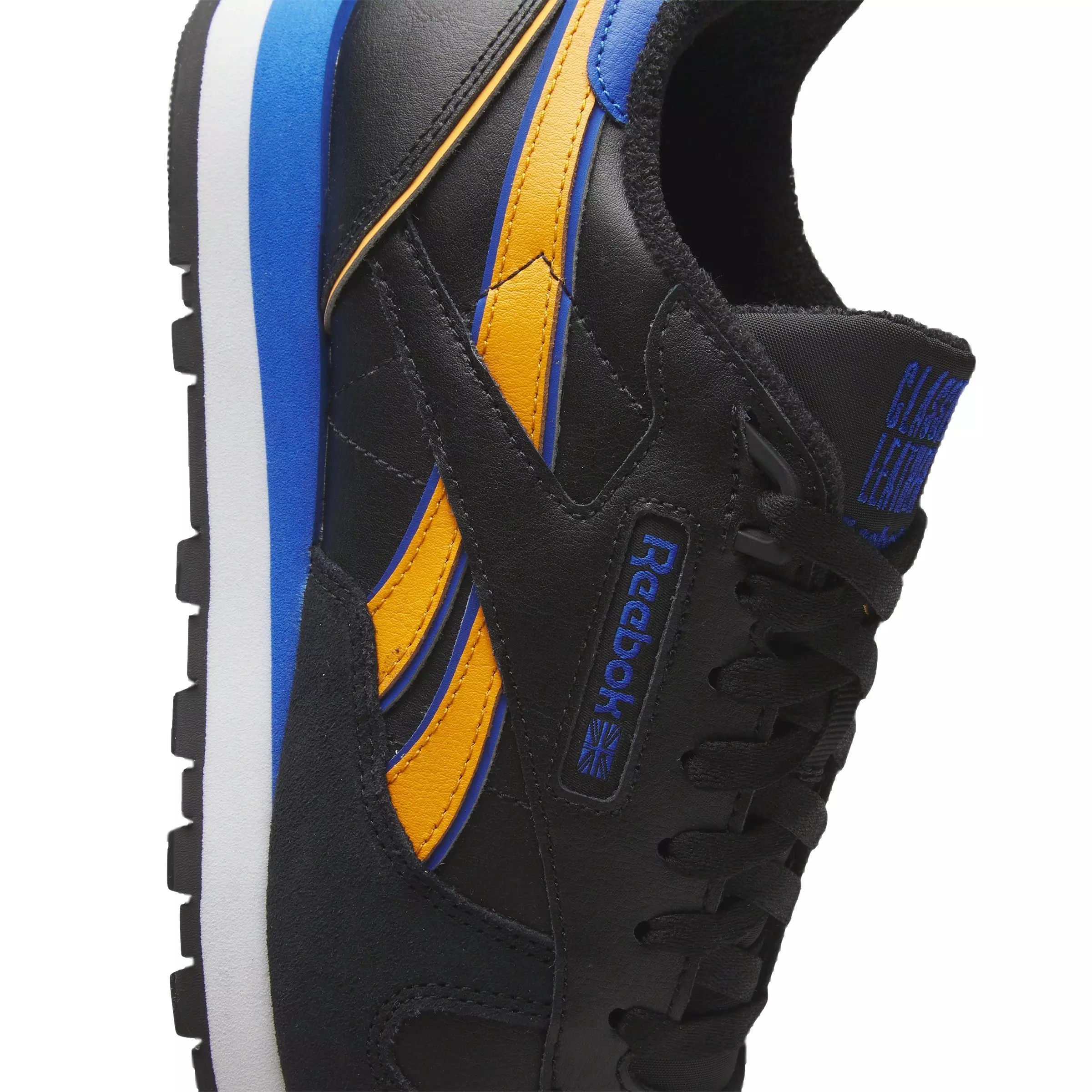 Reebok Classic Leather "Core Black/Shocking Orange/Electric Cobalt" Unisex Shoe - BLACK/ORANGE/COBALT