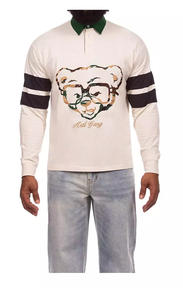 Hustle Gang Men's Regiment Rugby Long Sleeve Polo - Cream - CREAM