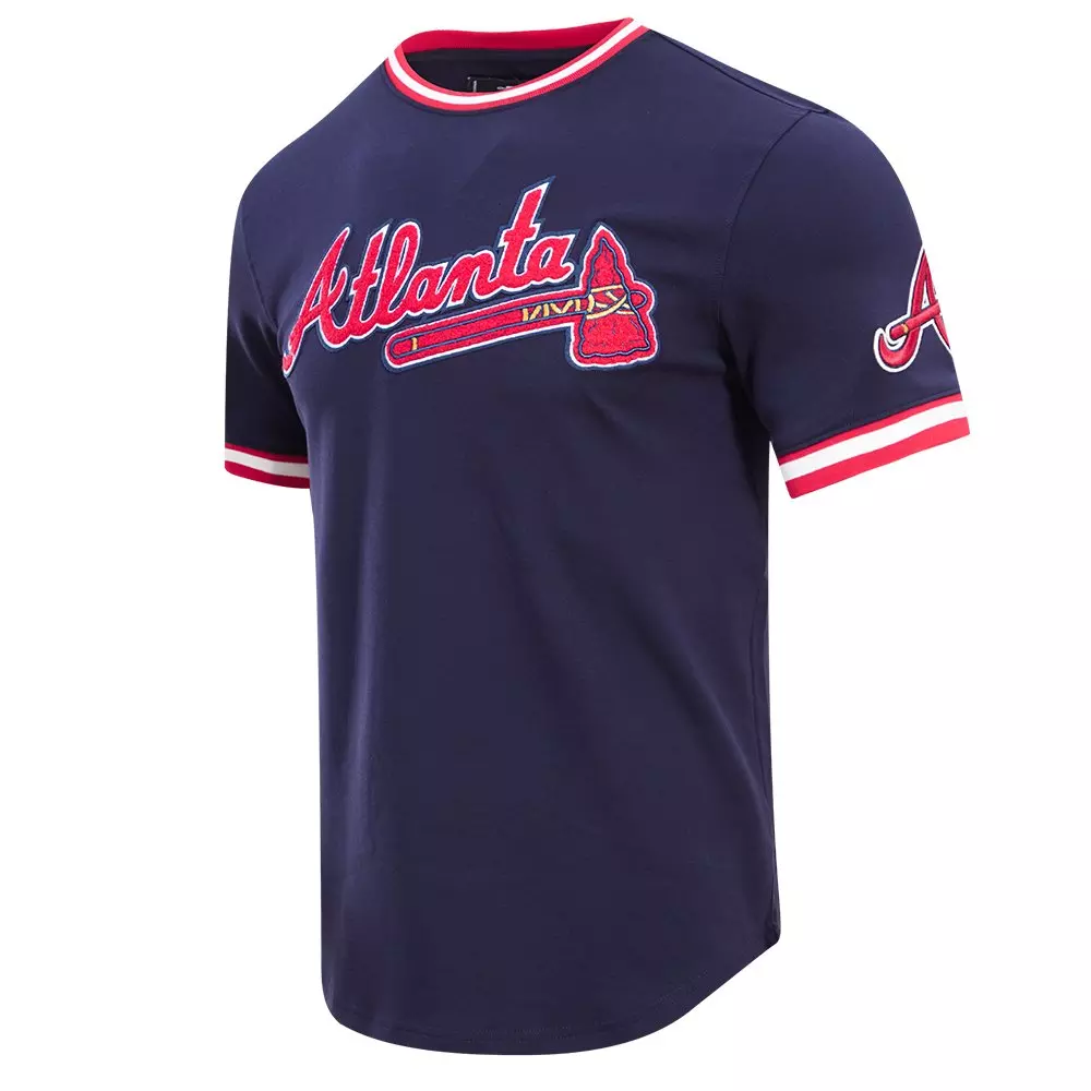 Pro Standard Men's MLB Atlanta Braves Classic Chenille Striped Sleeve Top - NAVY