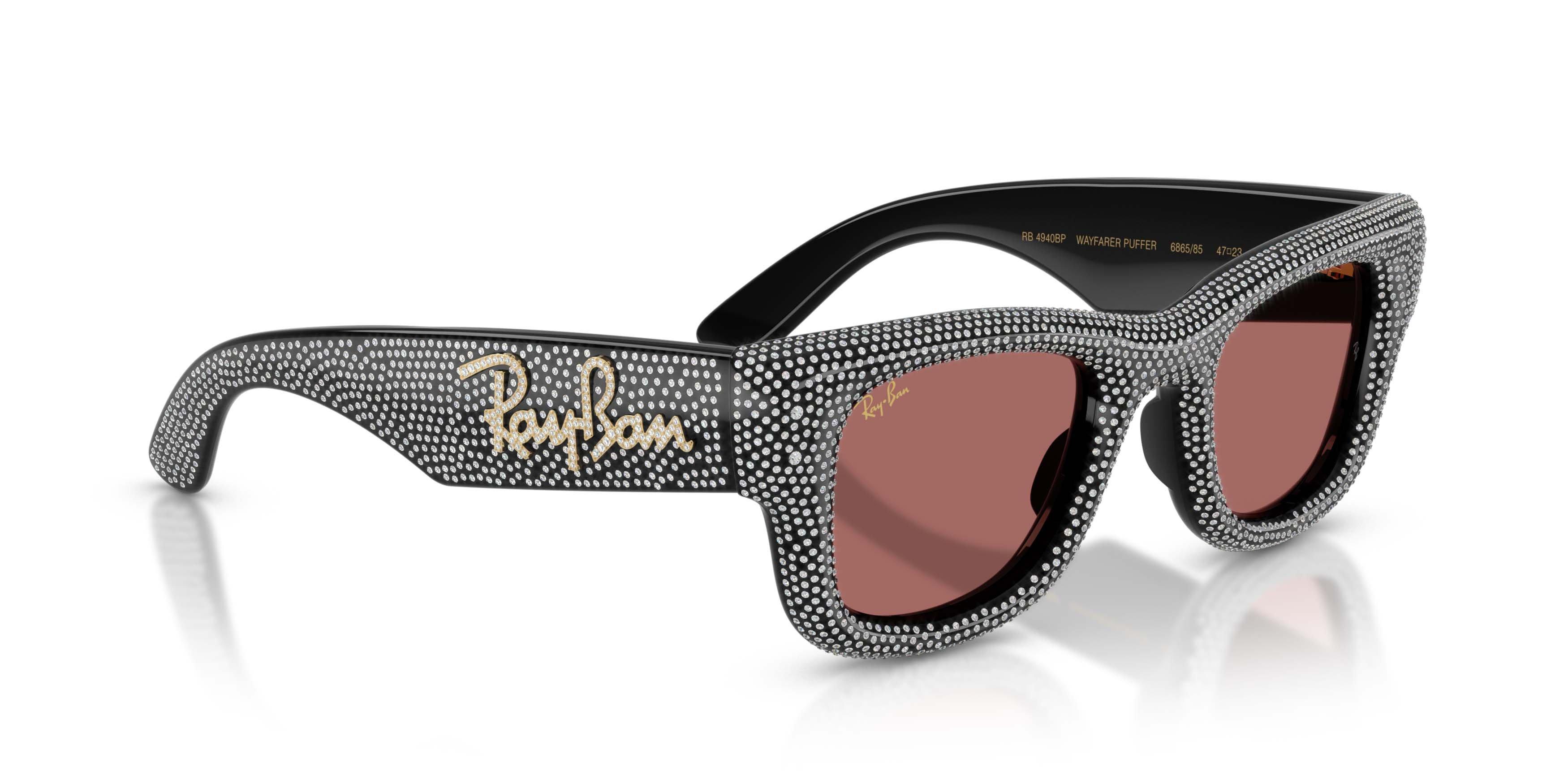 Ray-Ban Wayfarer Puffer Crystal Pav&egrave; Edition Dark Violet Sunglasses &ndash; Polished Black - BLACK/VIOLET Thumbnail View 3