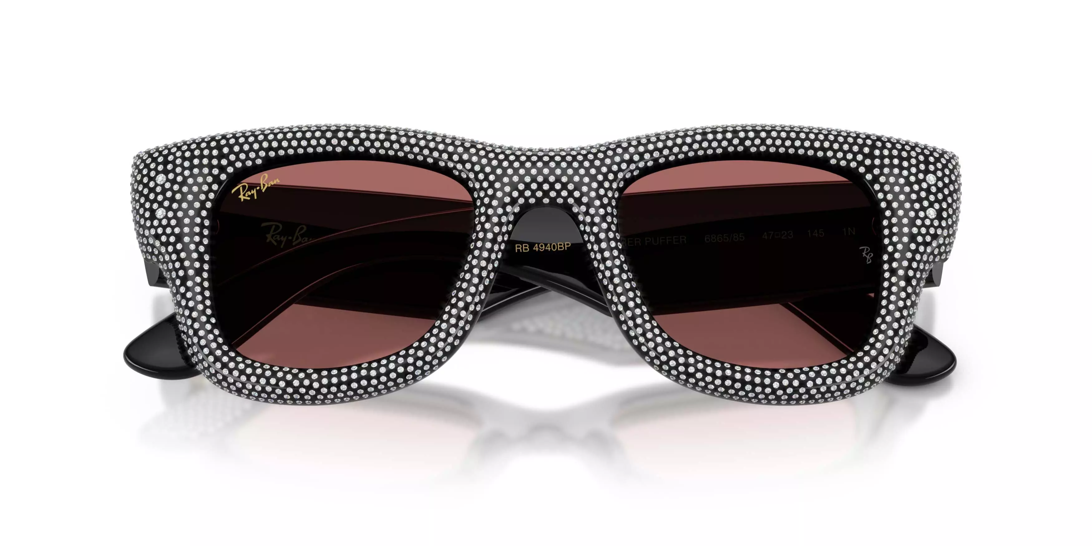 Ray-Ban Wayfarer Puffer Crystal Pav&egrave; Edition Dark Violet Sunglasses &ndash; Polished Black - BLACK/VIOLET