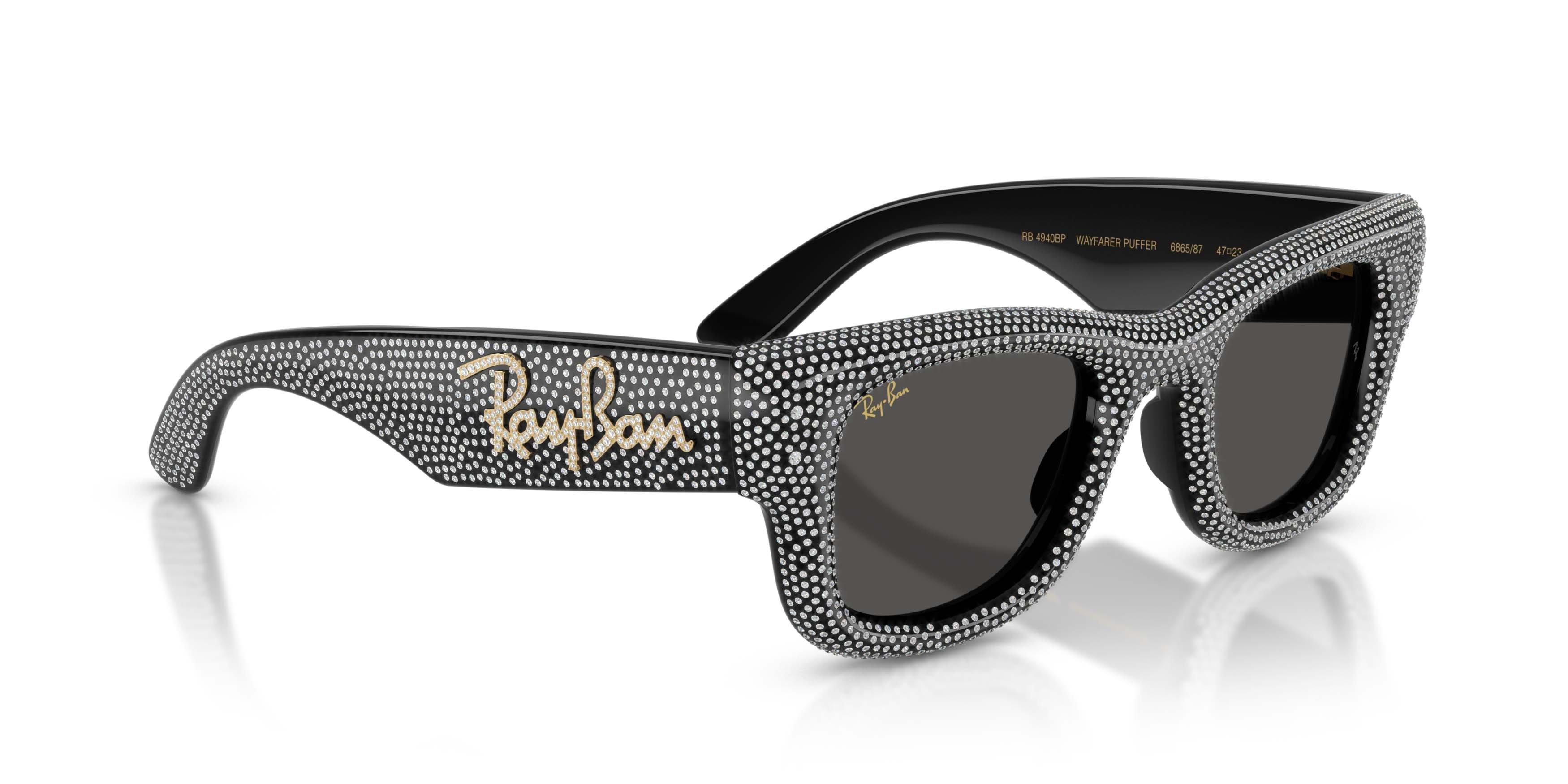 Ray-Ban Wayfarer Puffer Crystal Pav&egrave; Edition Ultra Black Sunglasses &ndash; Polished Black & Strass Pave - BLACK Thumbnail View 3