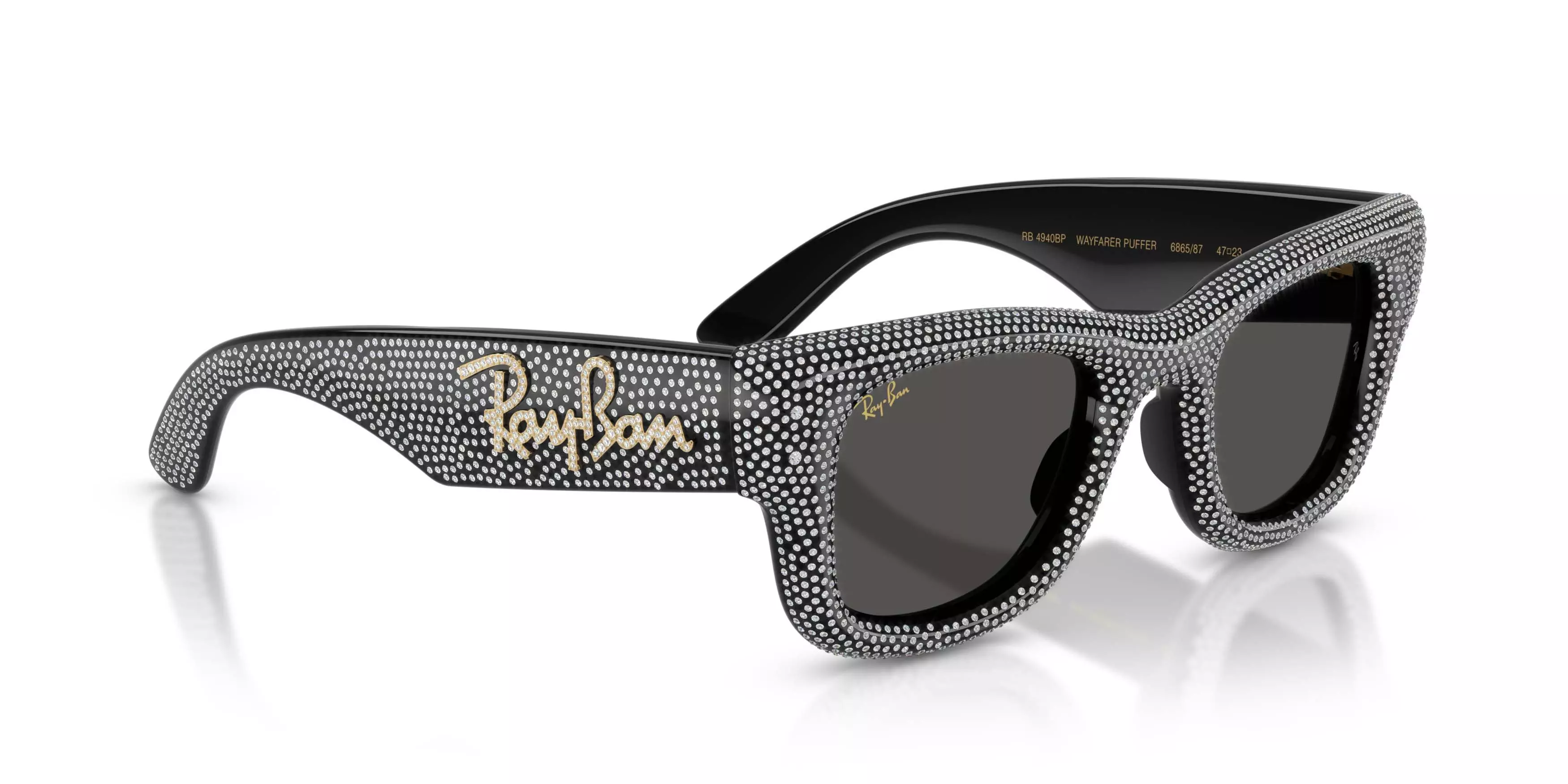 Ray-Ban Wayfarer Puffer Crystal Pav&egrave; Edition Ultra Black Sunglasses &ndash; Polished Black & Strass Pave - BLACK