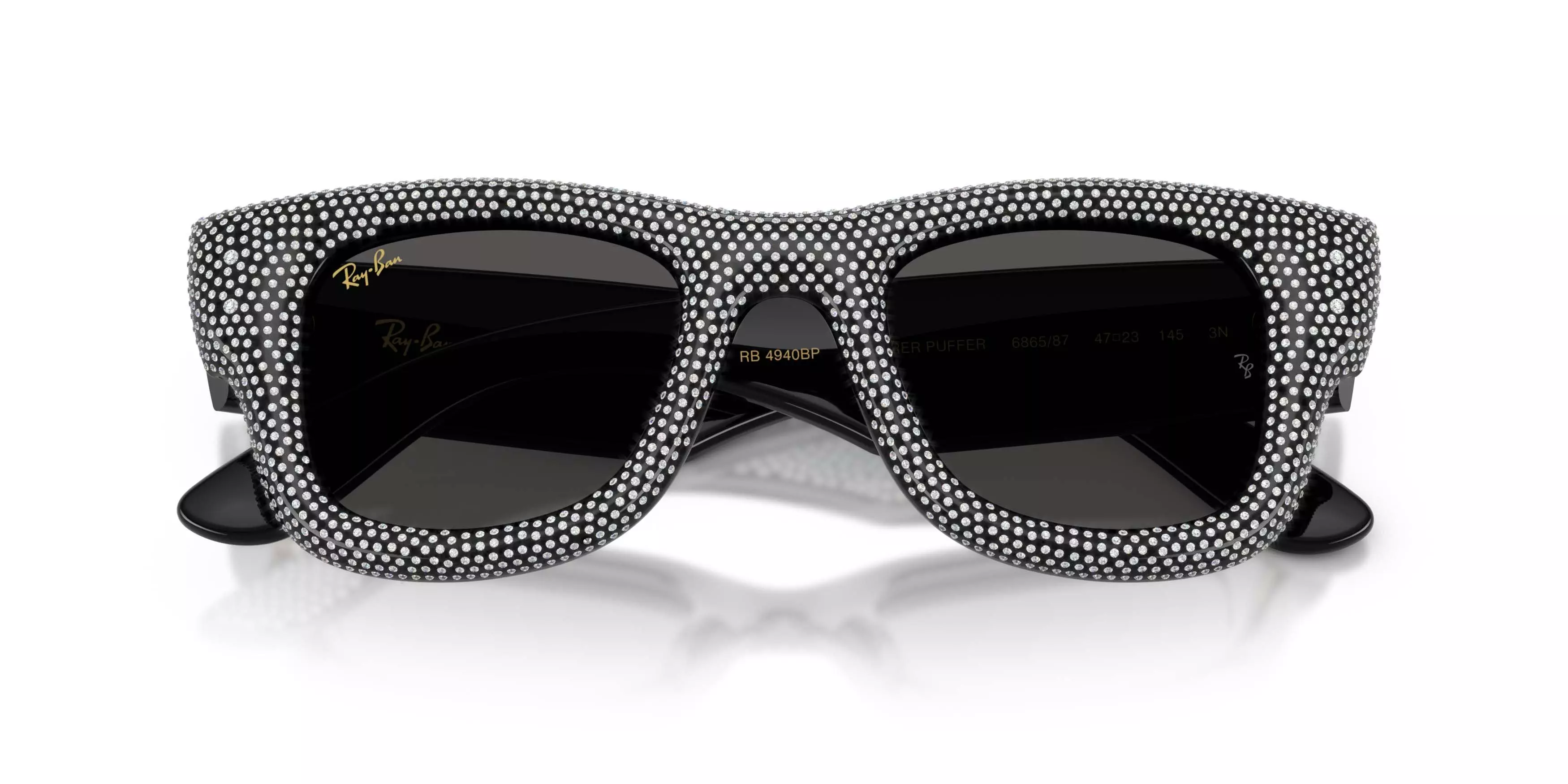 Ray-Ban Wayfarer Puffer Crystal Pav&egrave; Edition Ultra Black Sunglasses &ndash; Polished Black & Strass Pave - BLACK