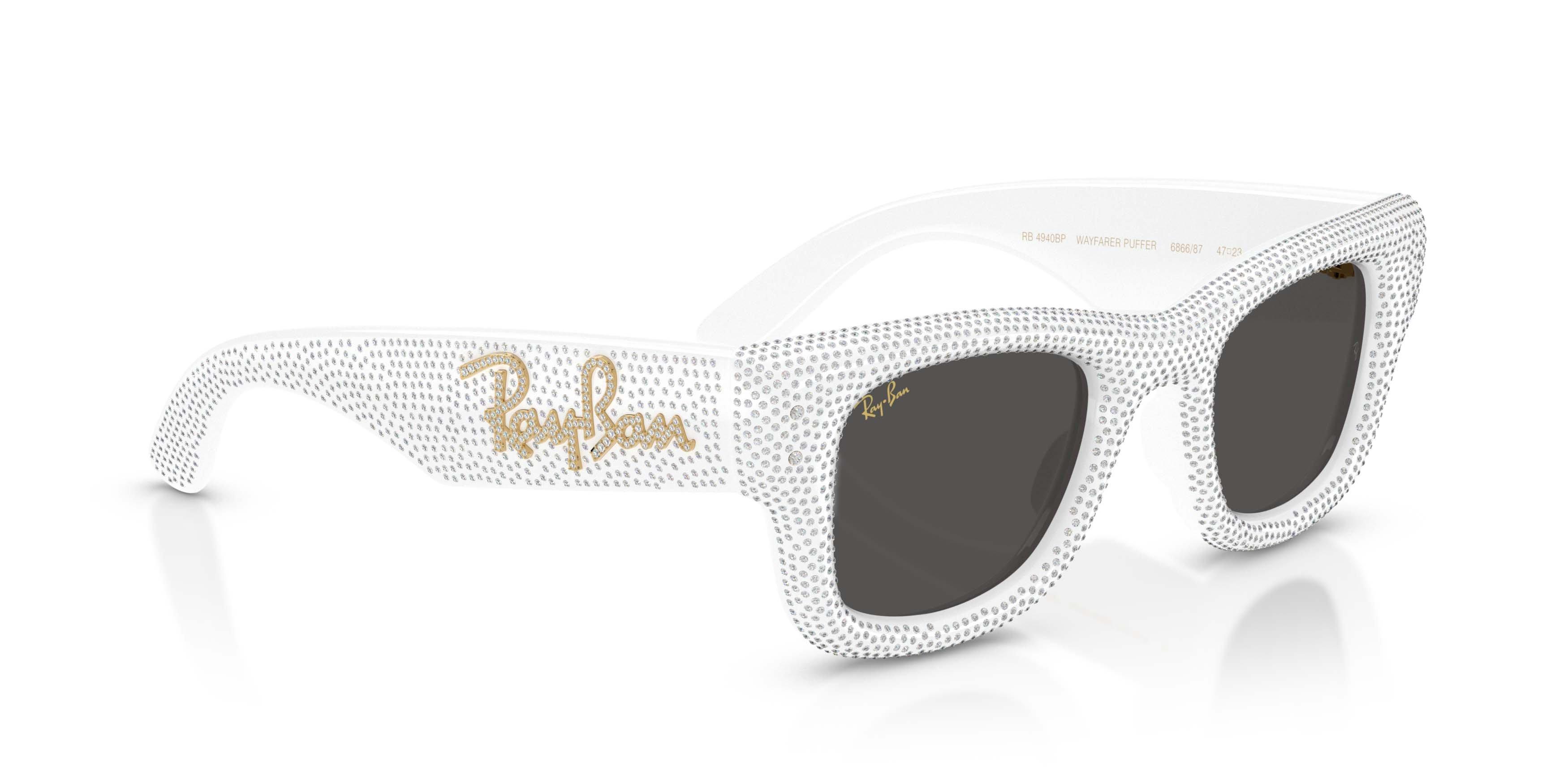Ray-Ban Wayfarer Puffer Crystal Pav&egrave; Edition Ultra Black Sunglasses &ndash; Polished White & Strass Pave - WHITE/BLACK Thumbnail View 3