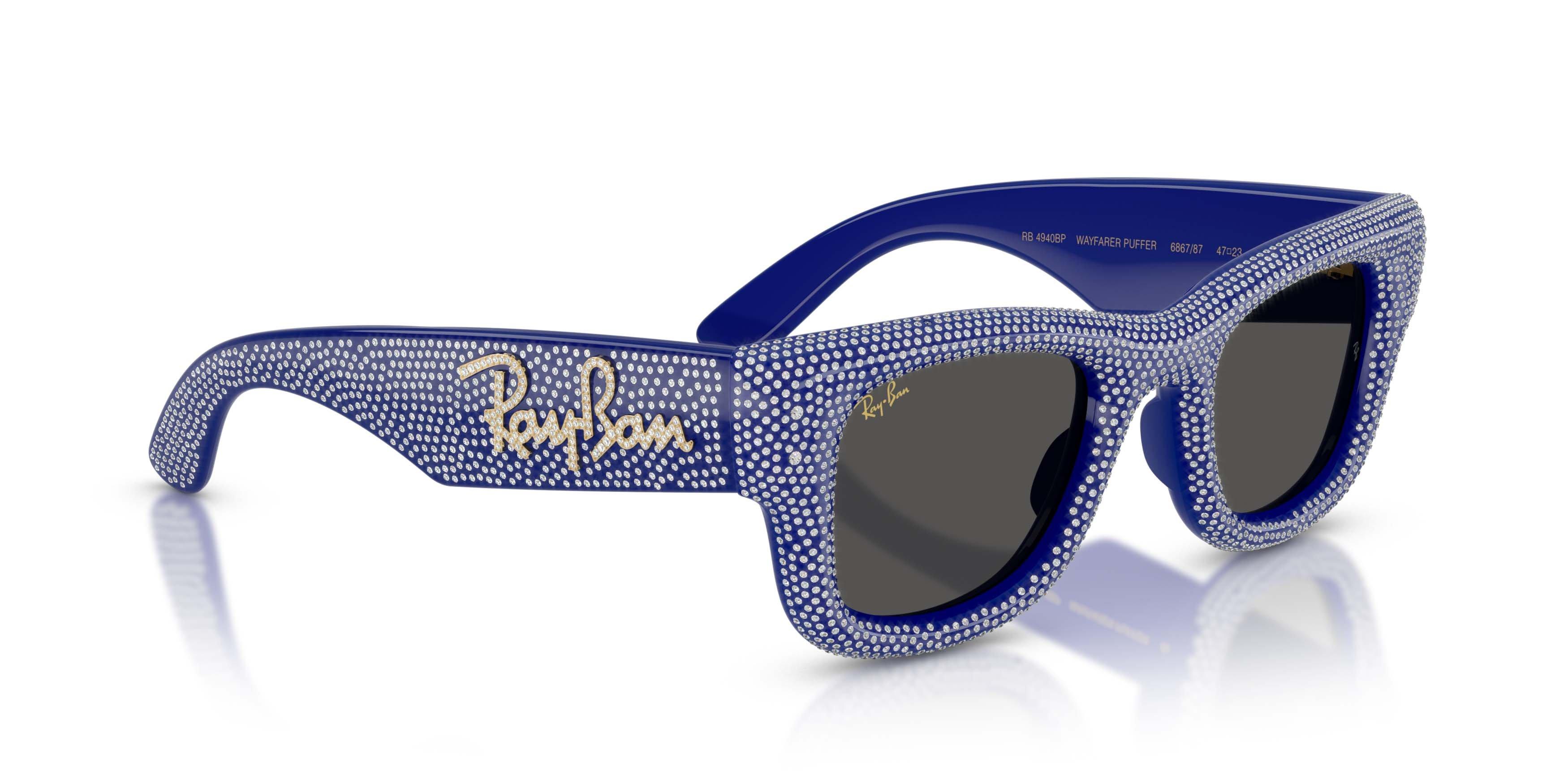 Ray-Ban Wayfarer Puffer Crystal Pav&egrave; Edition Ultra Black Sunglasses &ndash; Polished Blue & Strass Pave - BLUE/BLACK Thumbnail View 3