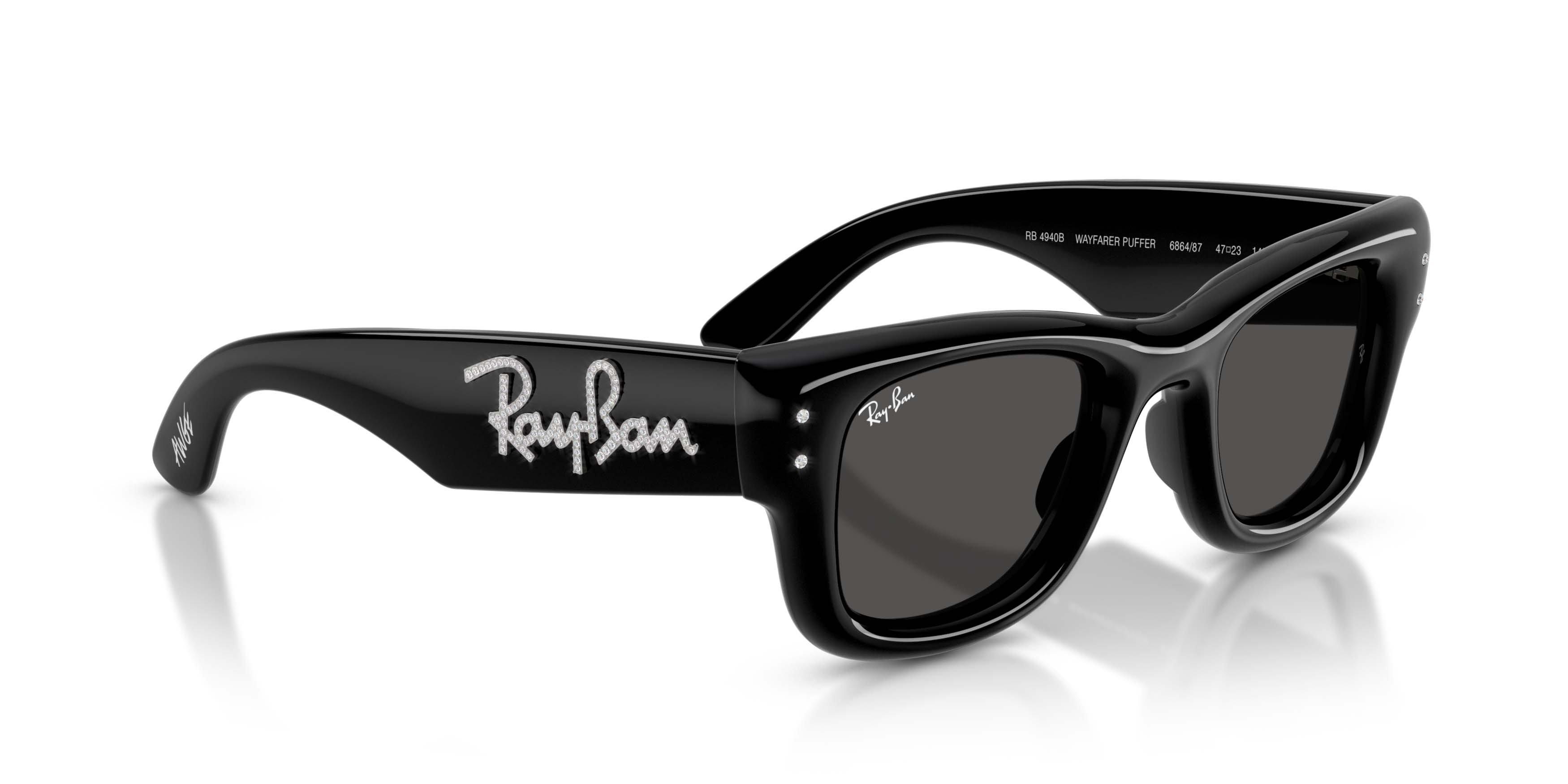 Ray-Ban Wayfarer Puffer Crystal Edition Ultra Black Sunglasses &ndash; Polished Black & Strass - BLACK Thumbnail View 3