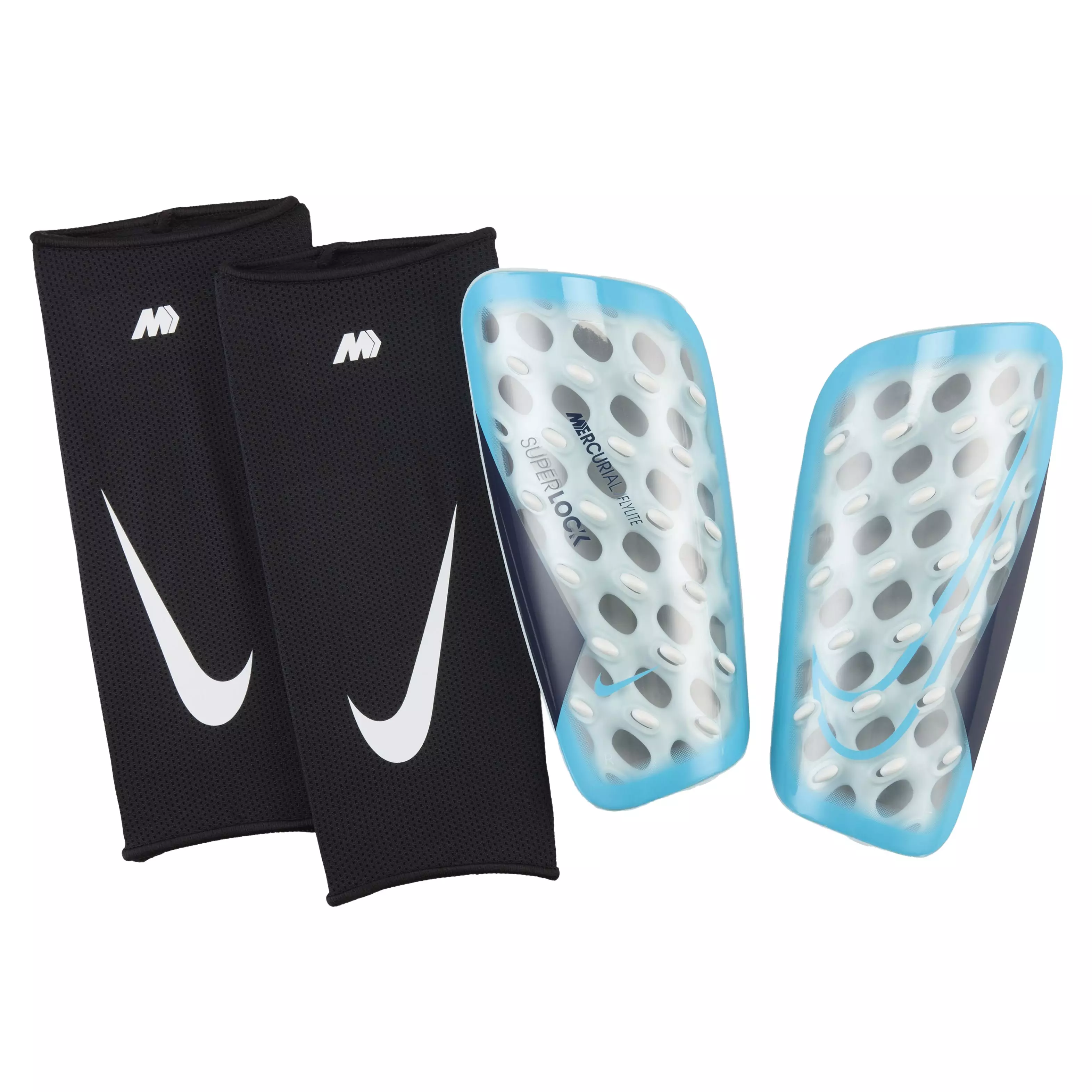 Nike Mercurial FlyLite SuperLock Soccer Shin Guards-Blue Fury/Black/Blue Fury - BLUE/BLACK/BLUE