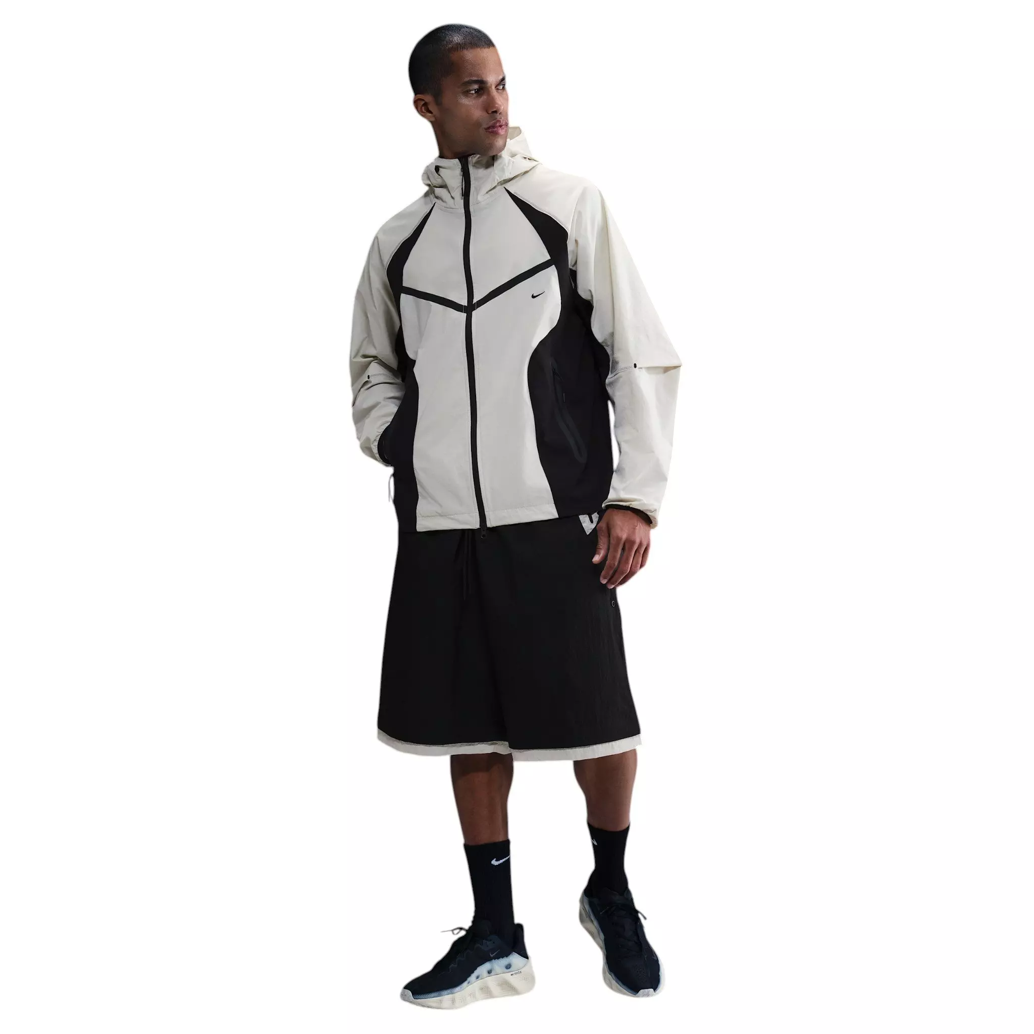 Nike Men's Tech Dri-FIT Woven Color-Block Windrunner Loose Jacket - Cream/Black - CREAM/BLACK