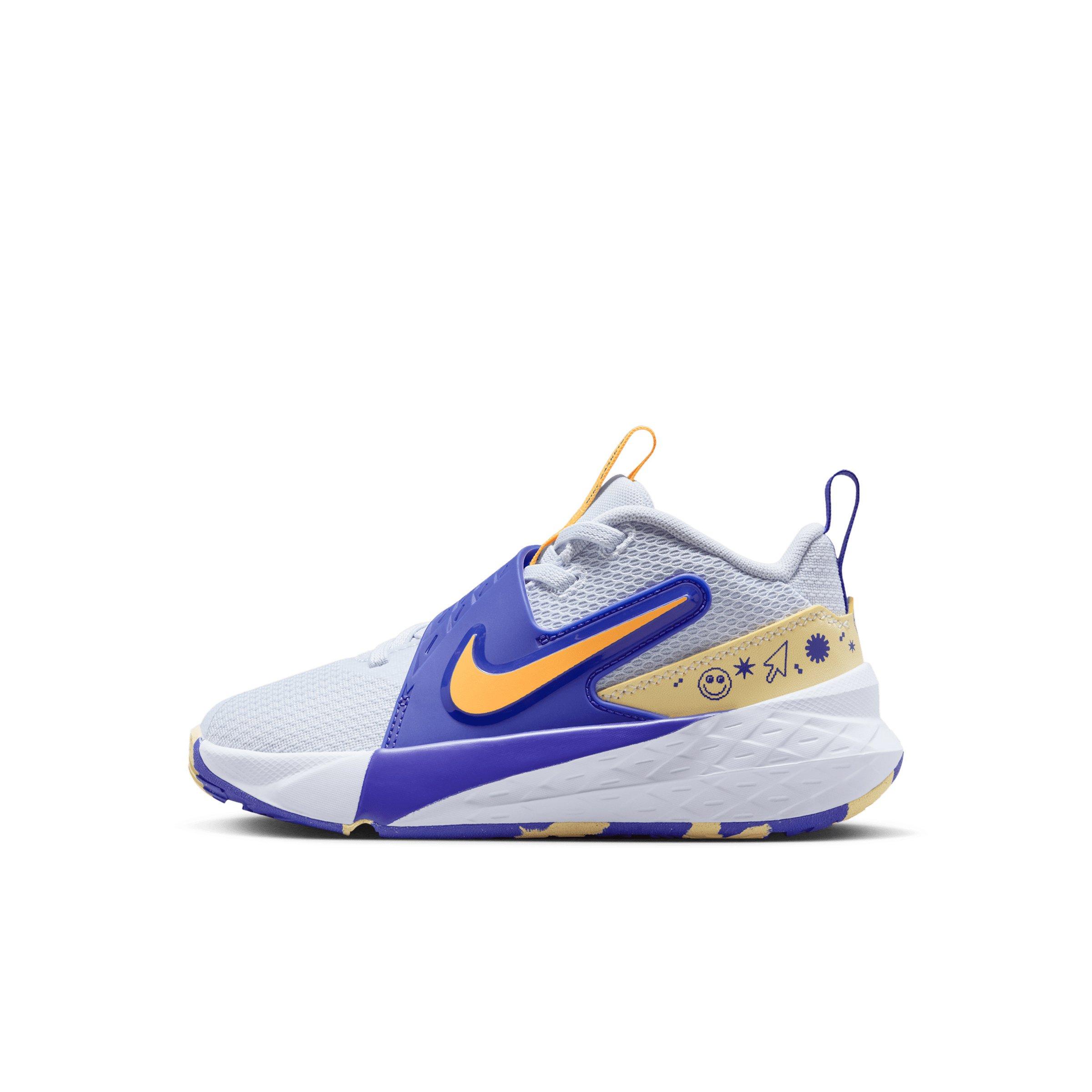 Nike Team Hustle D 12 "Football Grey/Lapis/Soft Yellow/Laser Orange" Preschool Boys' Basketball Shoe - GREY/LAPIS/YELLOW/ORANGE