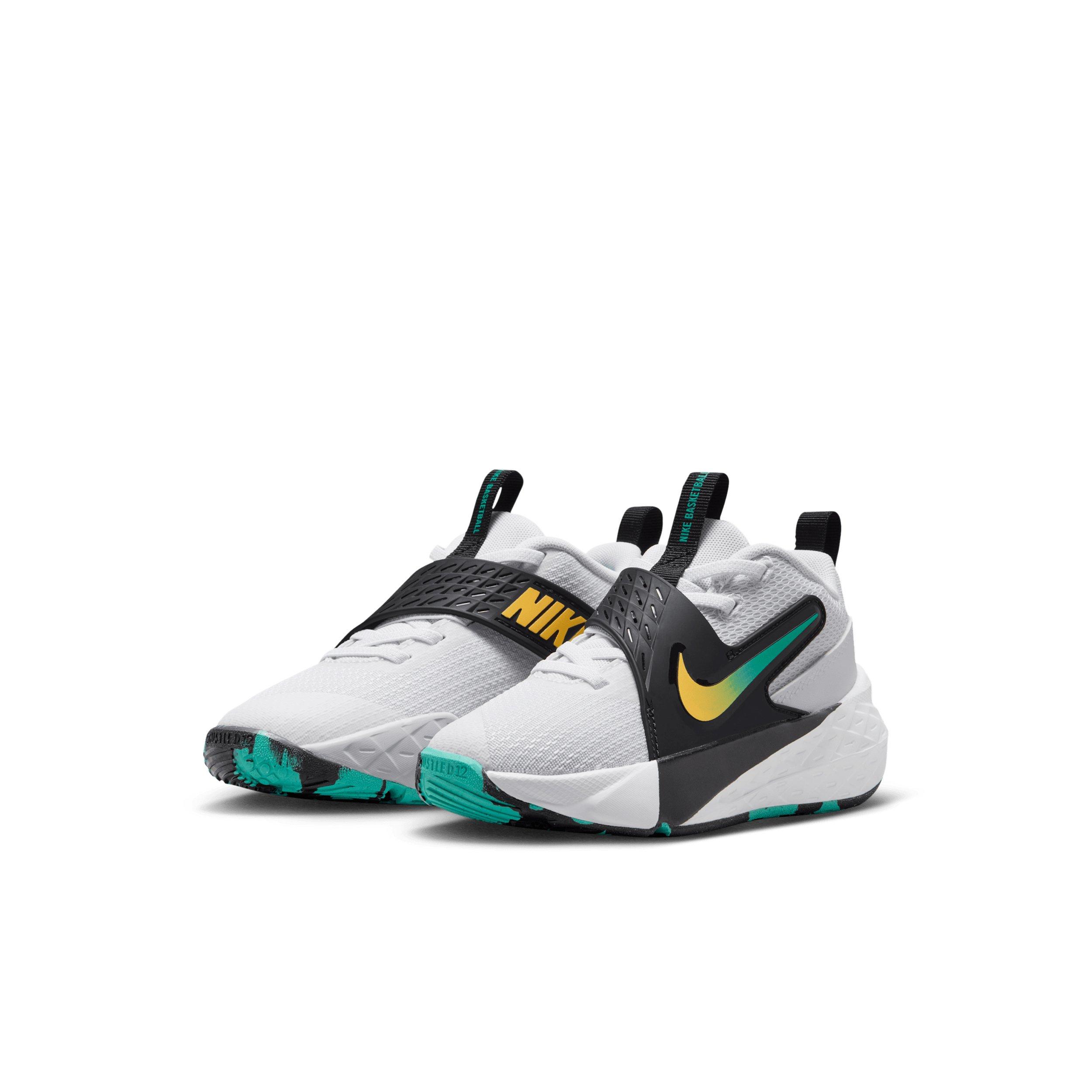 Nike Team Hustle D 12 "White/Black/Clear Emerald/Topaz Gold" Preschool Boys' Basketball Shoe - WHITE/BLACK/EMERALD/GOLD