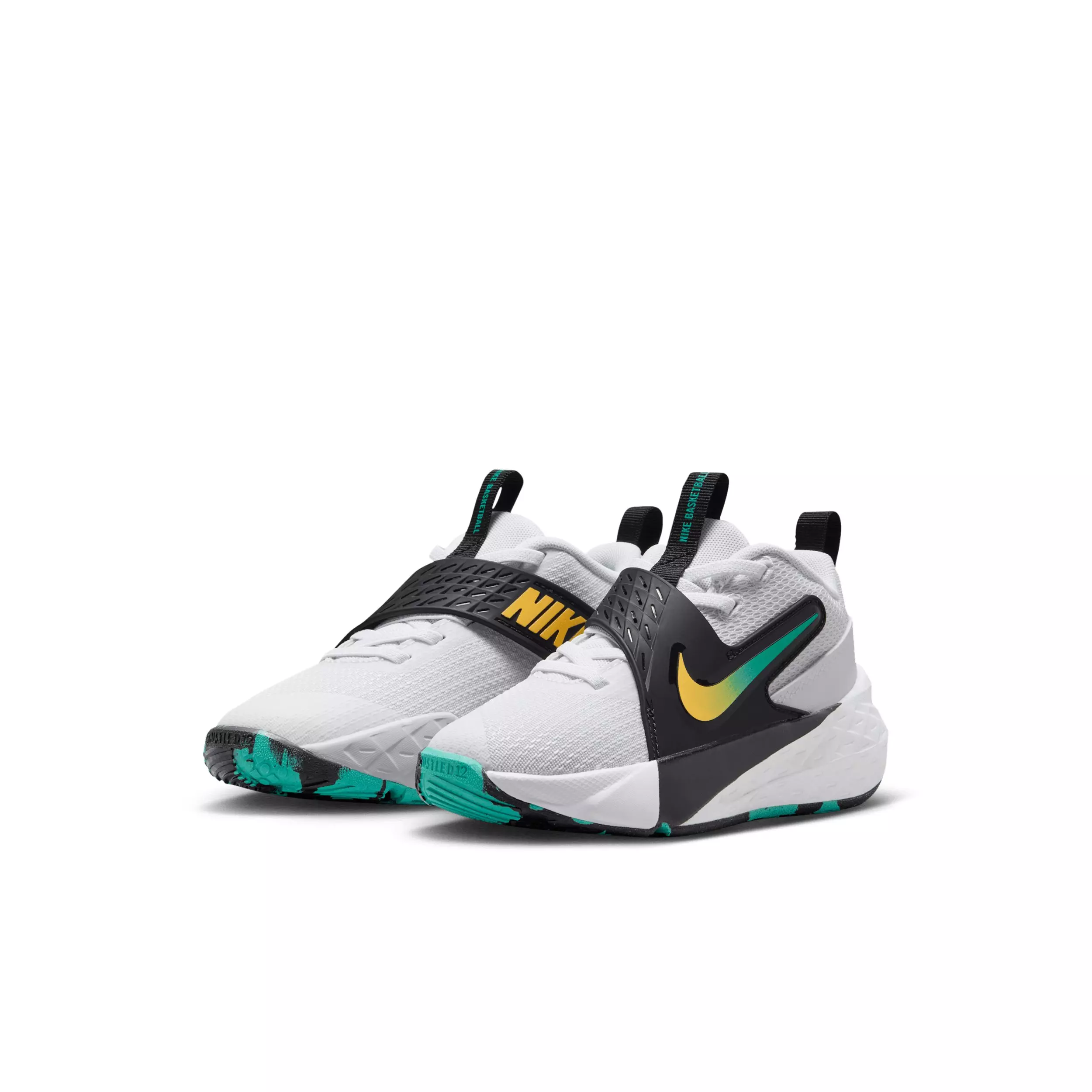 Nike Team Hustle D 12 "White/Black/Clear Emerald/Topaz Gold" Preschool Boys' Basketball Shoe - WHITE/BLACK/EMERALD/GOLD