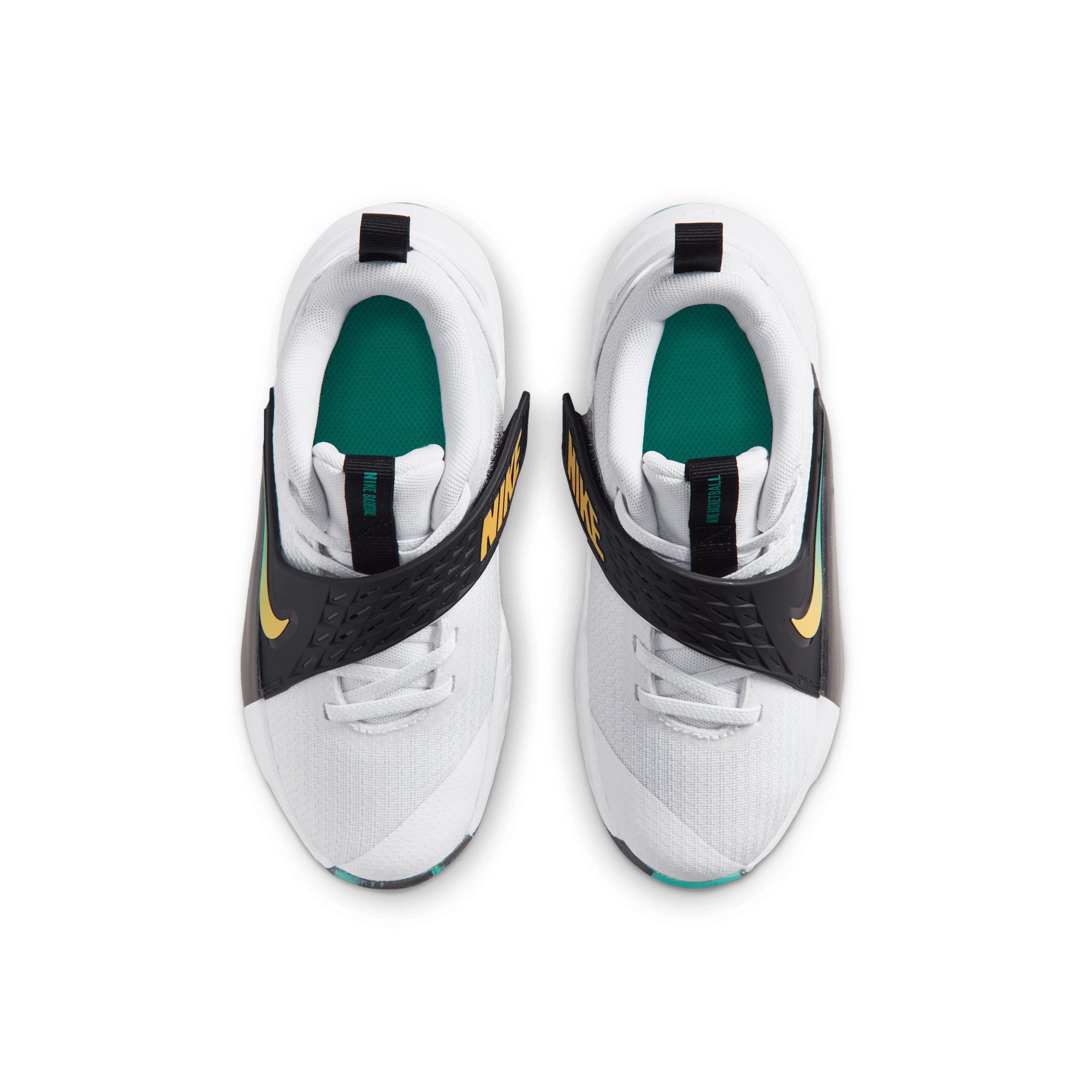 Nike Team Hustle D 12 "White/Black/Clear Emerald/Topaz Gold" Preschool Boys' Basketball Shoe - WHITE/BLACK/EMERALD/GOLD