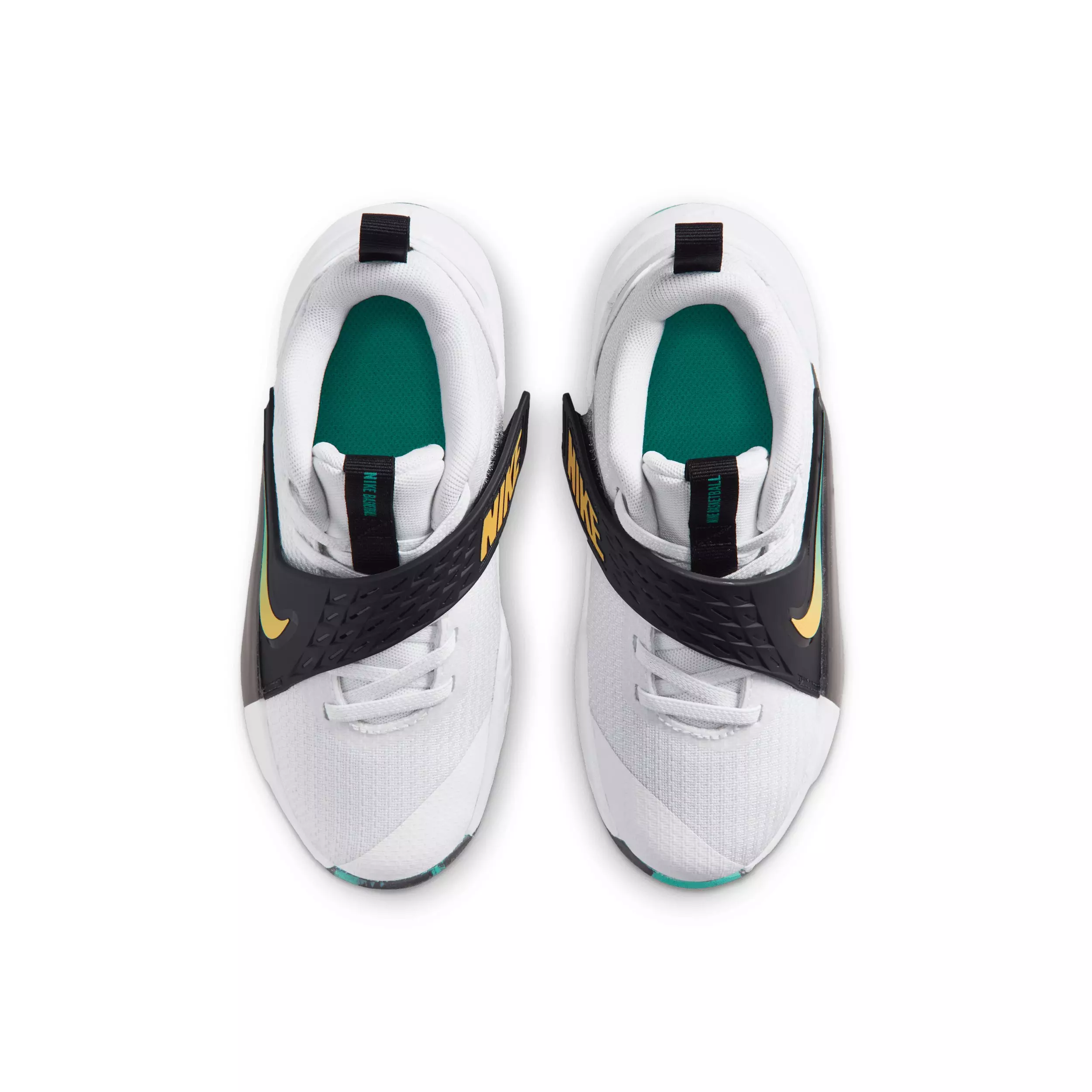 Nike Team Hustle D 12 "White/Black/Clear Emerald/Topaz Gold" Preschool Boys' Basketball Shoe - WHITE/BLACK/EMERALD/GOLD