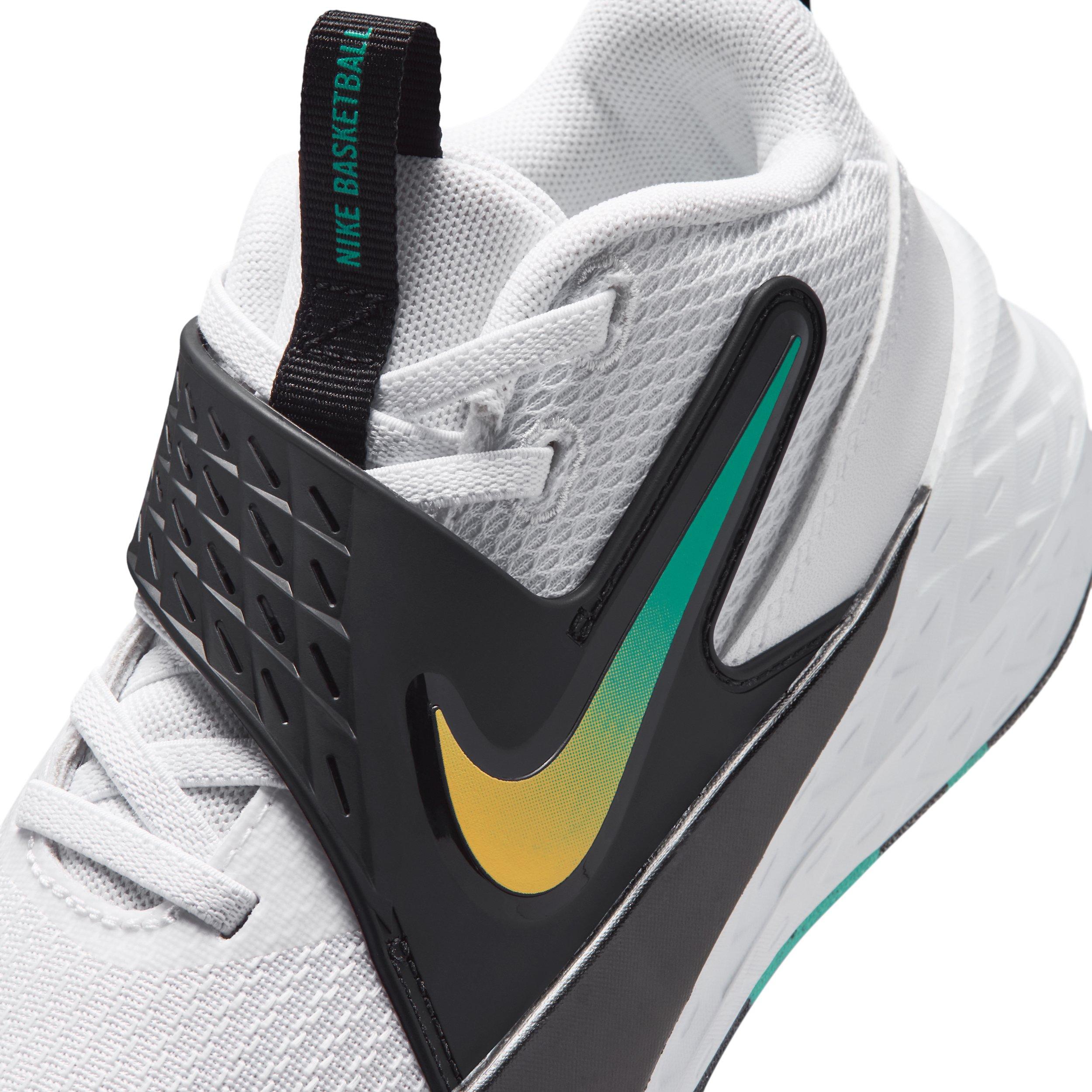 Nike Team Hustle D 12 "White/Black/Clear Emerald/Topaz Gold" Preschool Boys' Basketball Shoe - WHITE/BLACK/EMERALD/GOLD