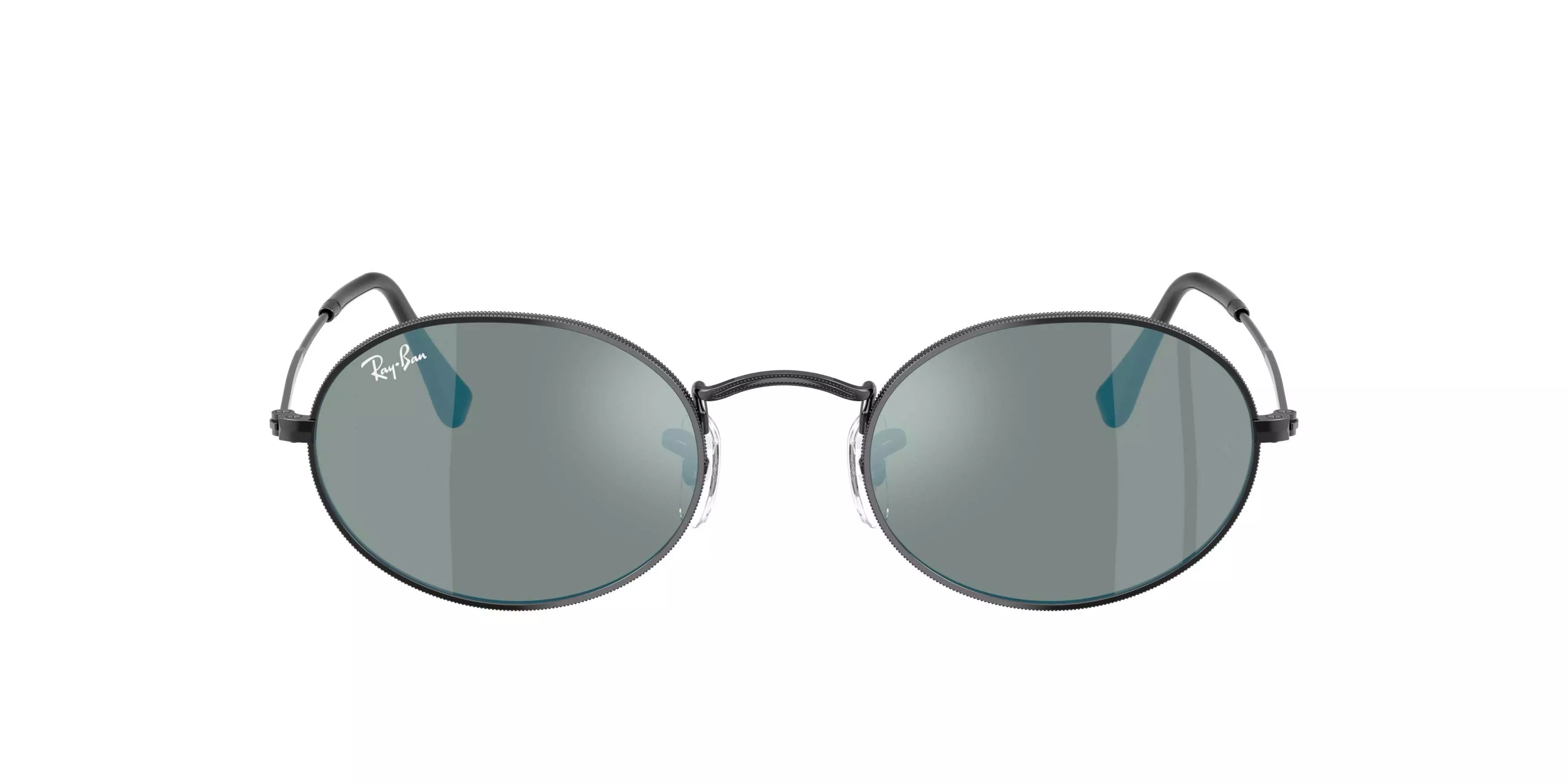 Ray-Ban Oval Flat Lenses Blue Mirror Sunglasses &ndash; Polished Black - BLACK/BLUE