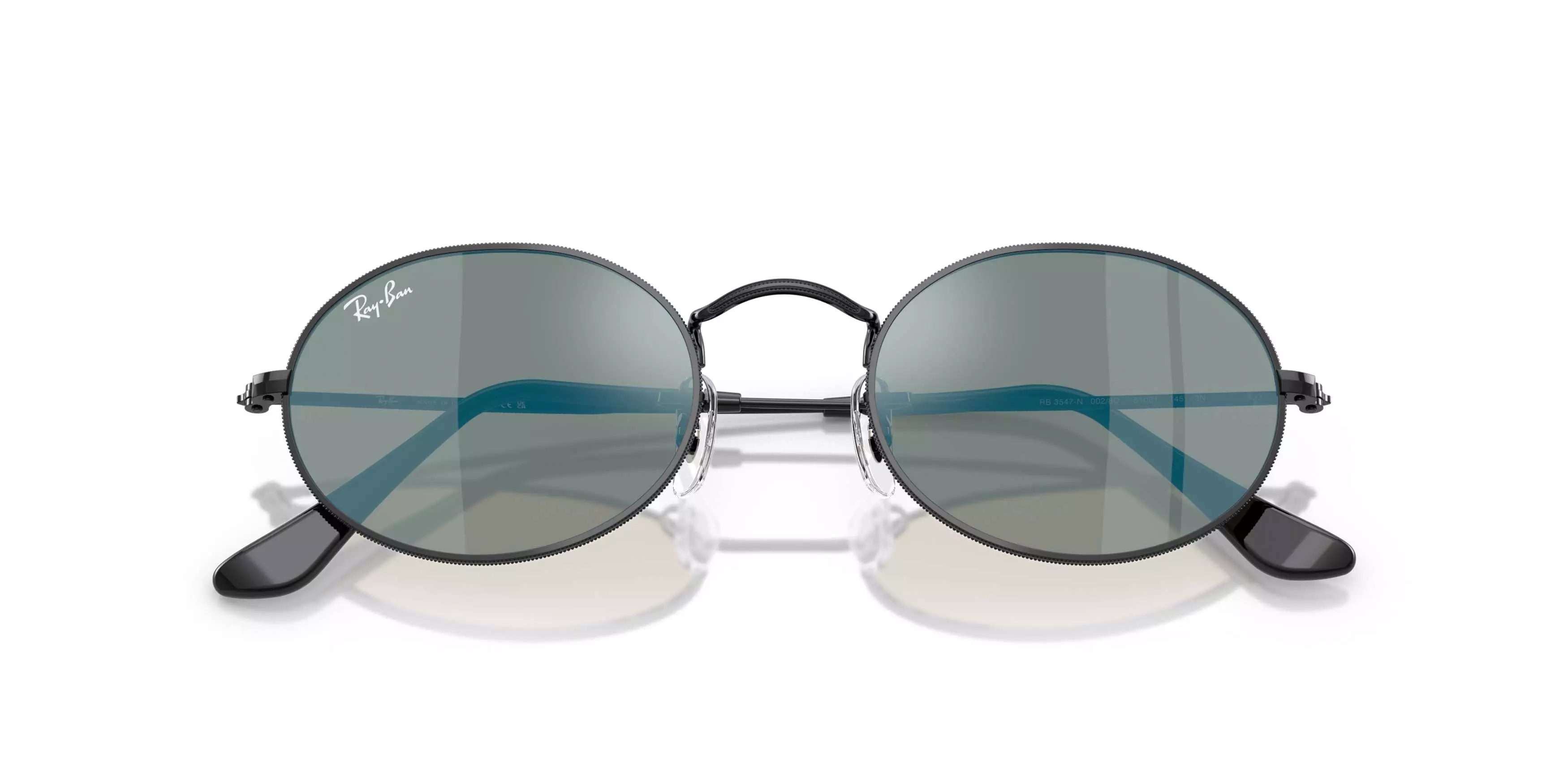 Ray-Ban Oval Flat Lenses Blue Mirror Sunglasses &ndash; Polished Black - BLACK/BLUE