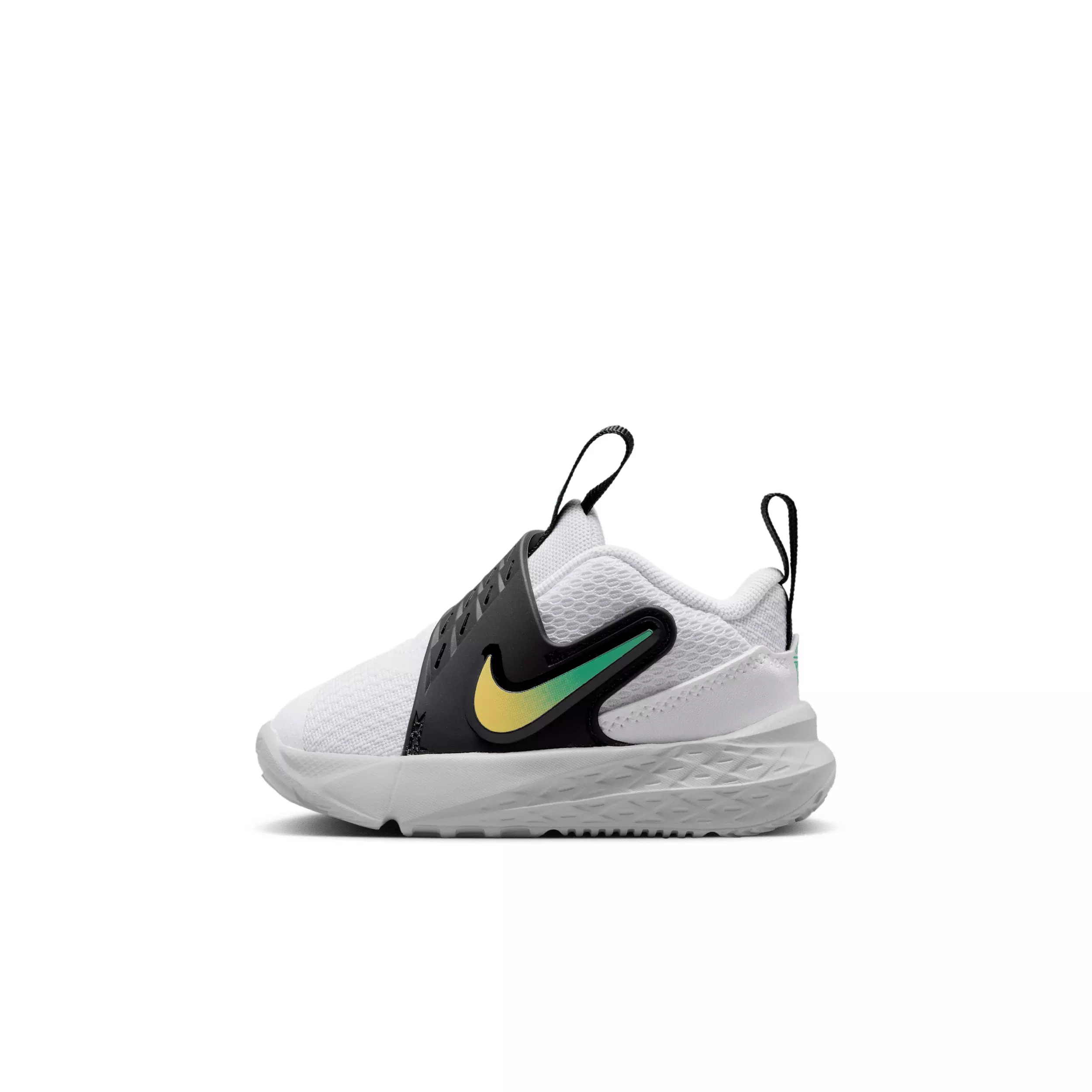 Nike Team Hustle D 12 "White/Black/Clear Emerald/Topaz Gold" Infant Boys' Basketball Shoe - WHITE/BLACK/EMERALD/GOLD