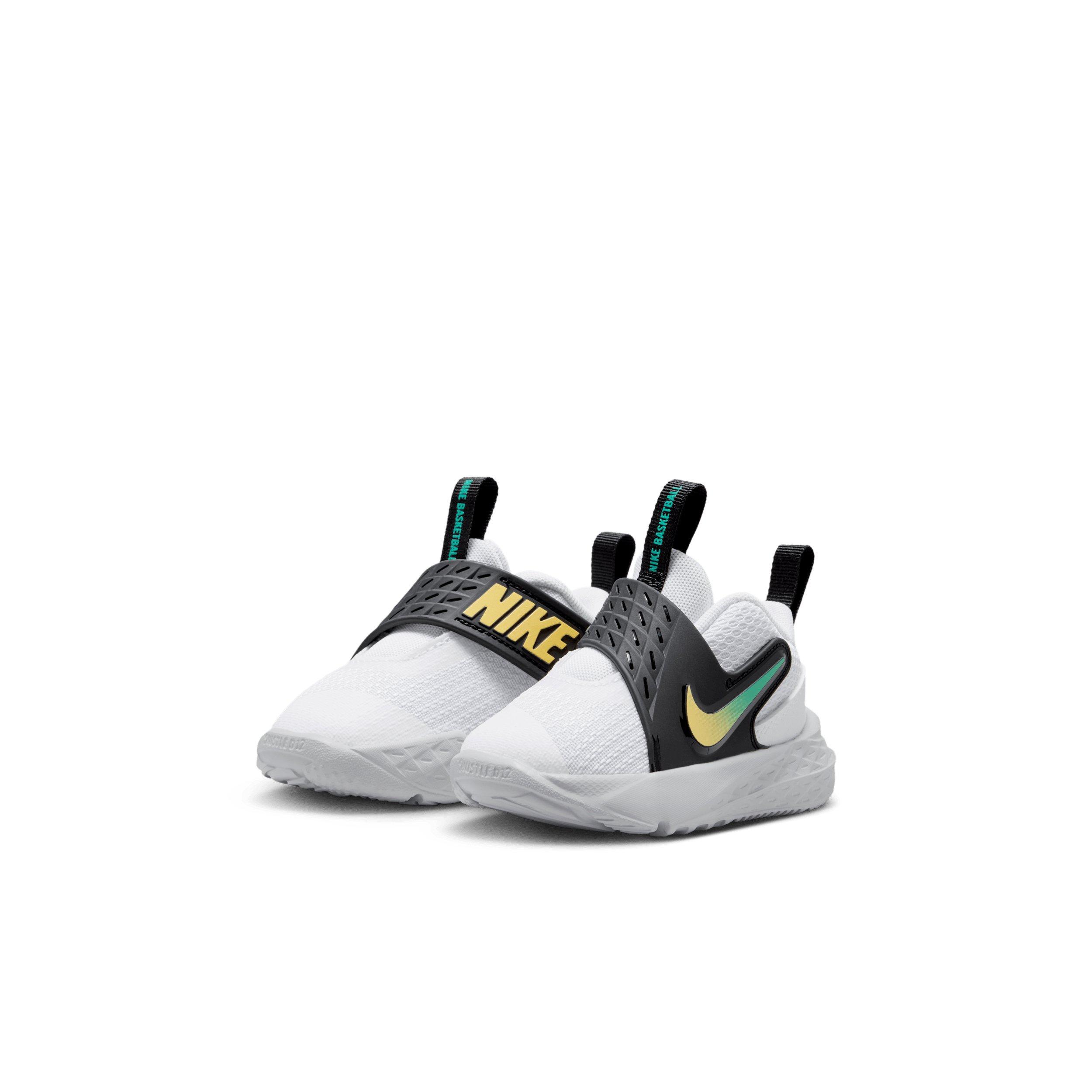 Nike Team Hustle D 12 "White/Black/Clear Emerald/Topaz Gold" Infant Boys' Basketball Shoe - WHITE/BLACK/EMERALD/GOLD