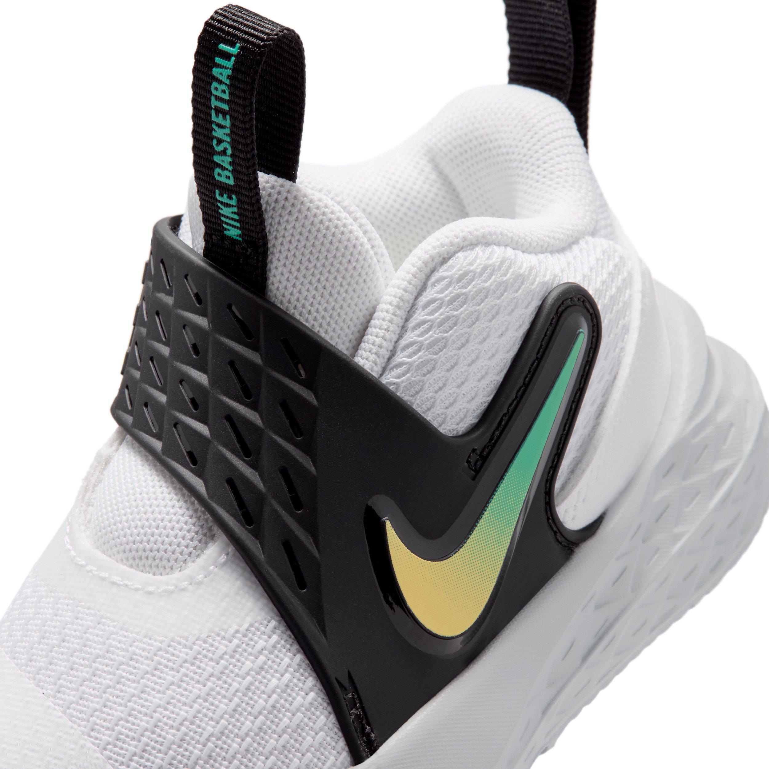 Nike Team Hustle D 12 "White/Black/Clear Emerald/Topaz Gold" Infant Boys' Basketball Shoe - WHITE/BLACK/EMERALD/GOLD