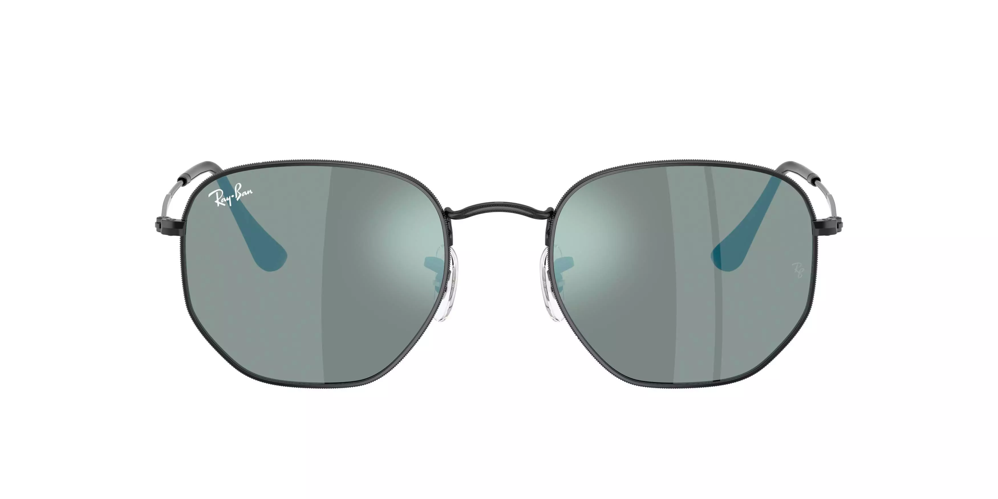 Ray-Ban Hexagonal Flat Lenses Blue Mirror Sunglasses &ndash; Polished Black - BLACK/BLUE