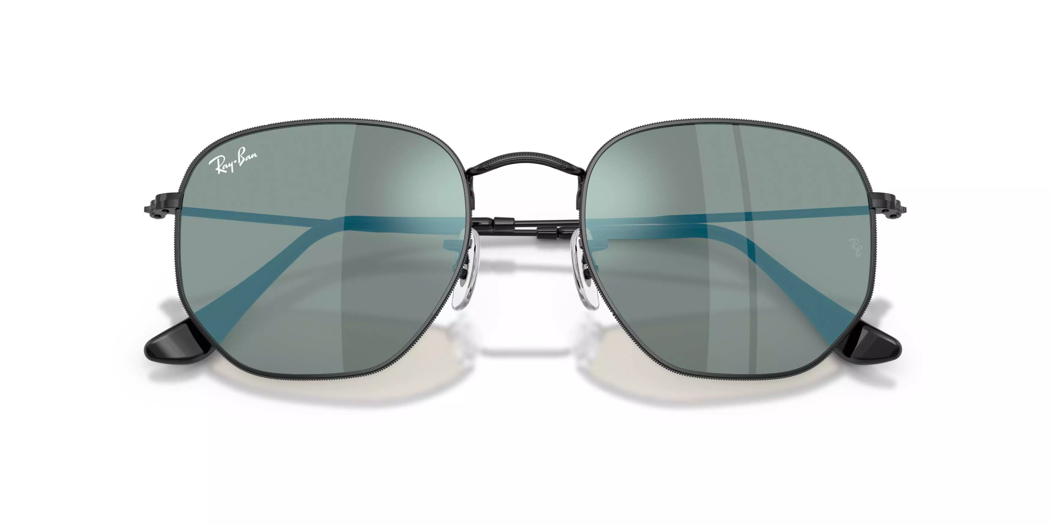 Ray-Ban Hexagonal Flat Lenses Blue Mirror Sunglasses &ndash; Polished Black - BLACK/BLUE