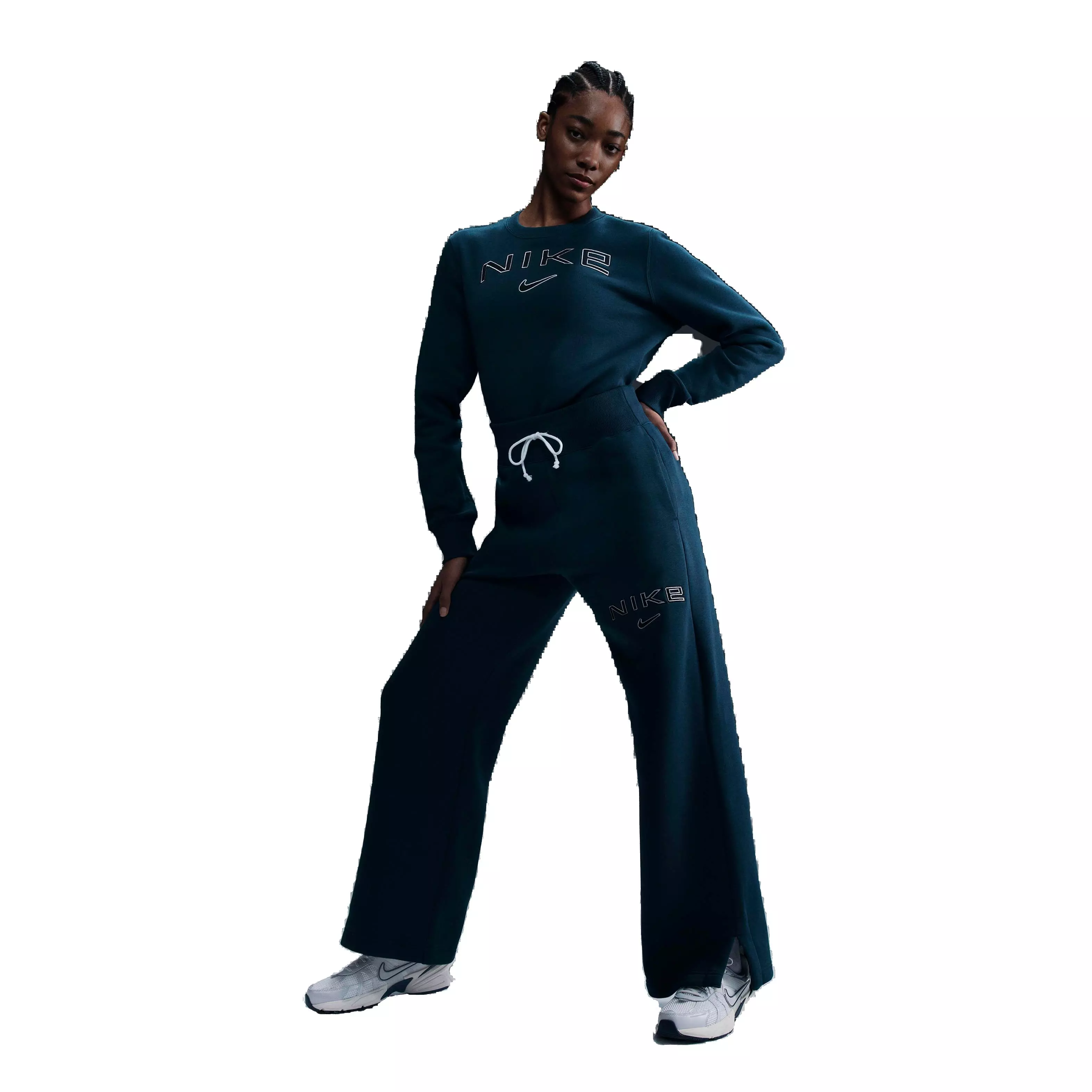 Nike Women's Sportswear Phoenix Fleece High-Rise Wide-Leg Logo Pants - NAVY