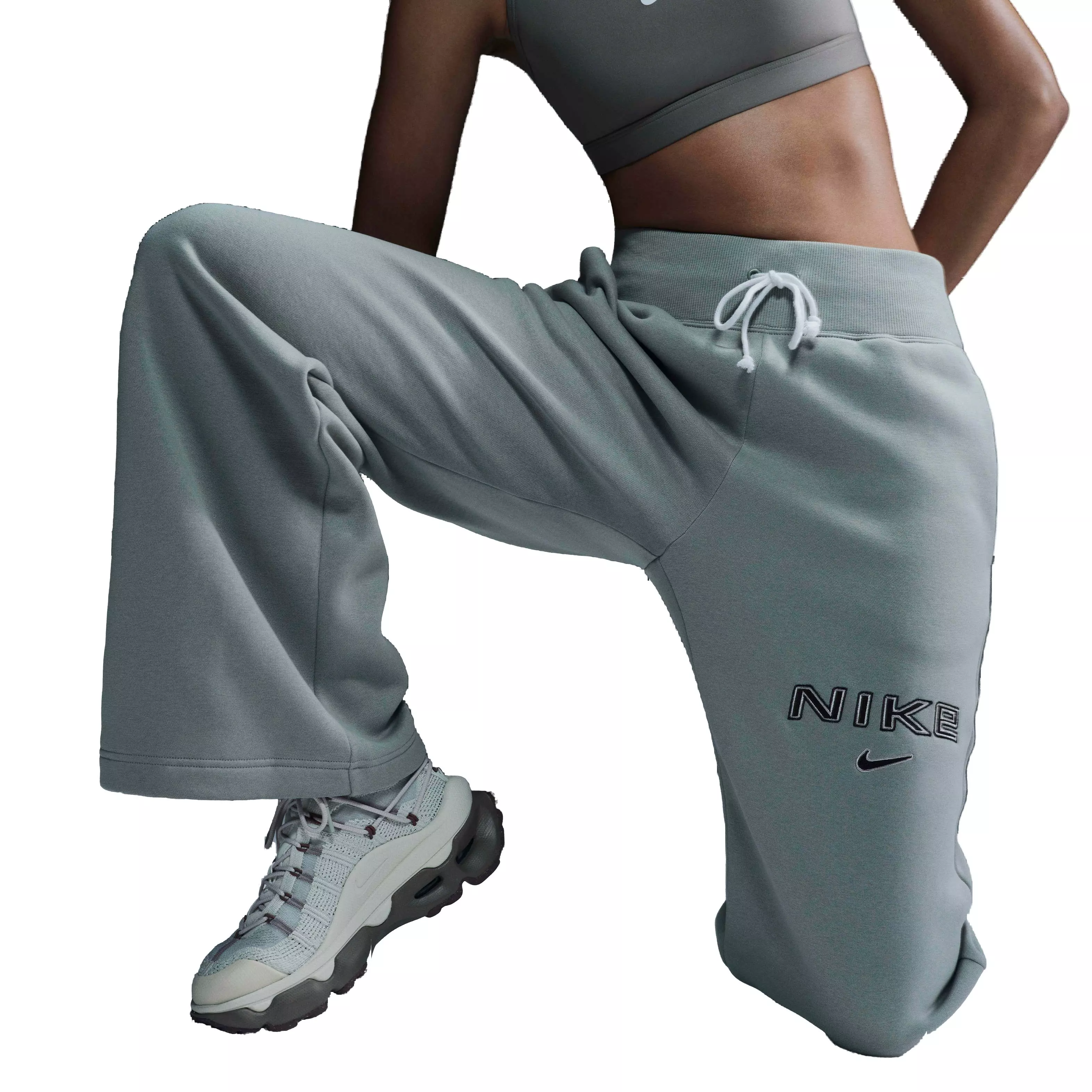 Nike Women's Sportswear Phoenix Fleece High-Rise Wide-Leg Logo Pants - LT ARMY GREEN
