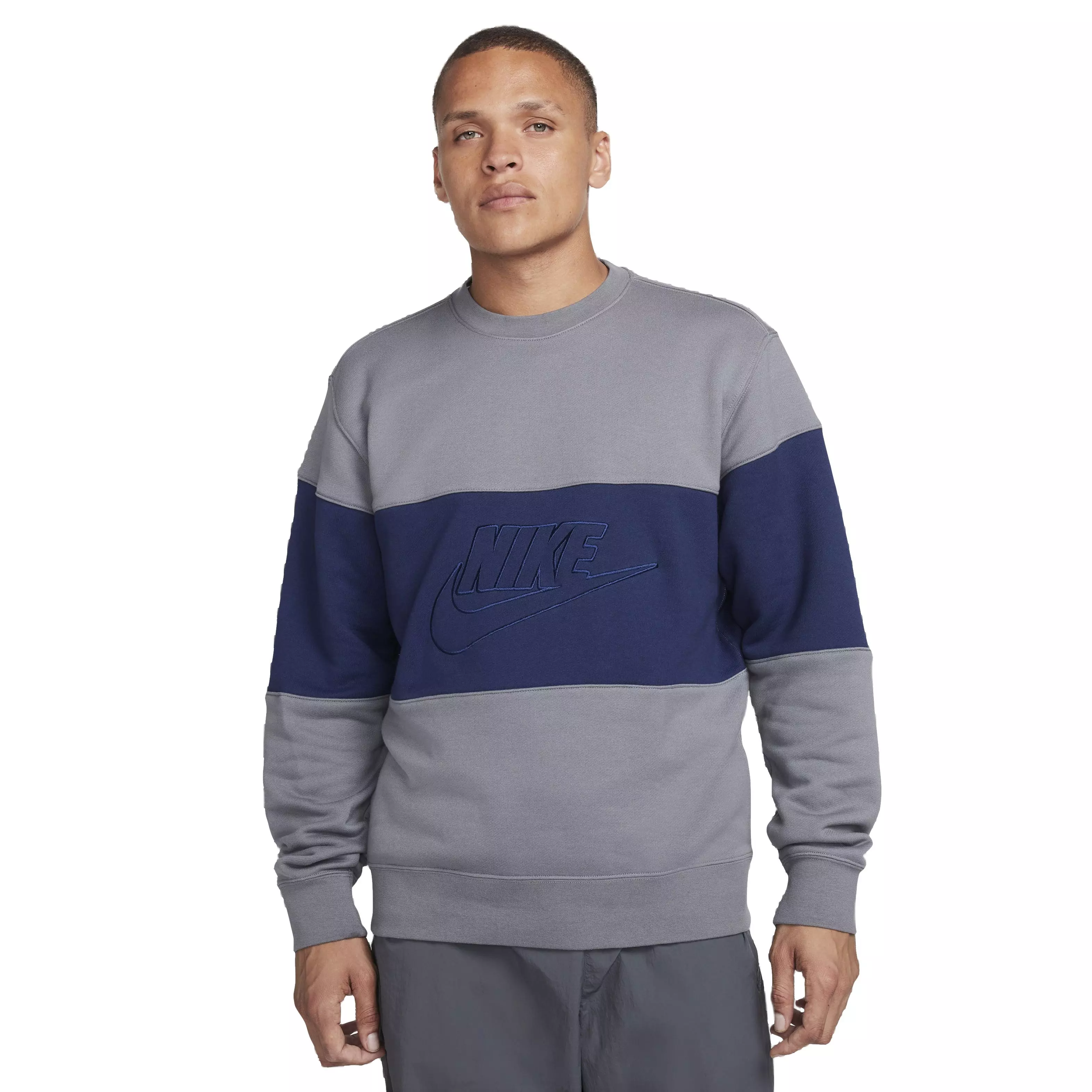 Nike Men's Club French Terry Color-Blocked Crew Sweatshirt - GREY/NAVY