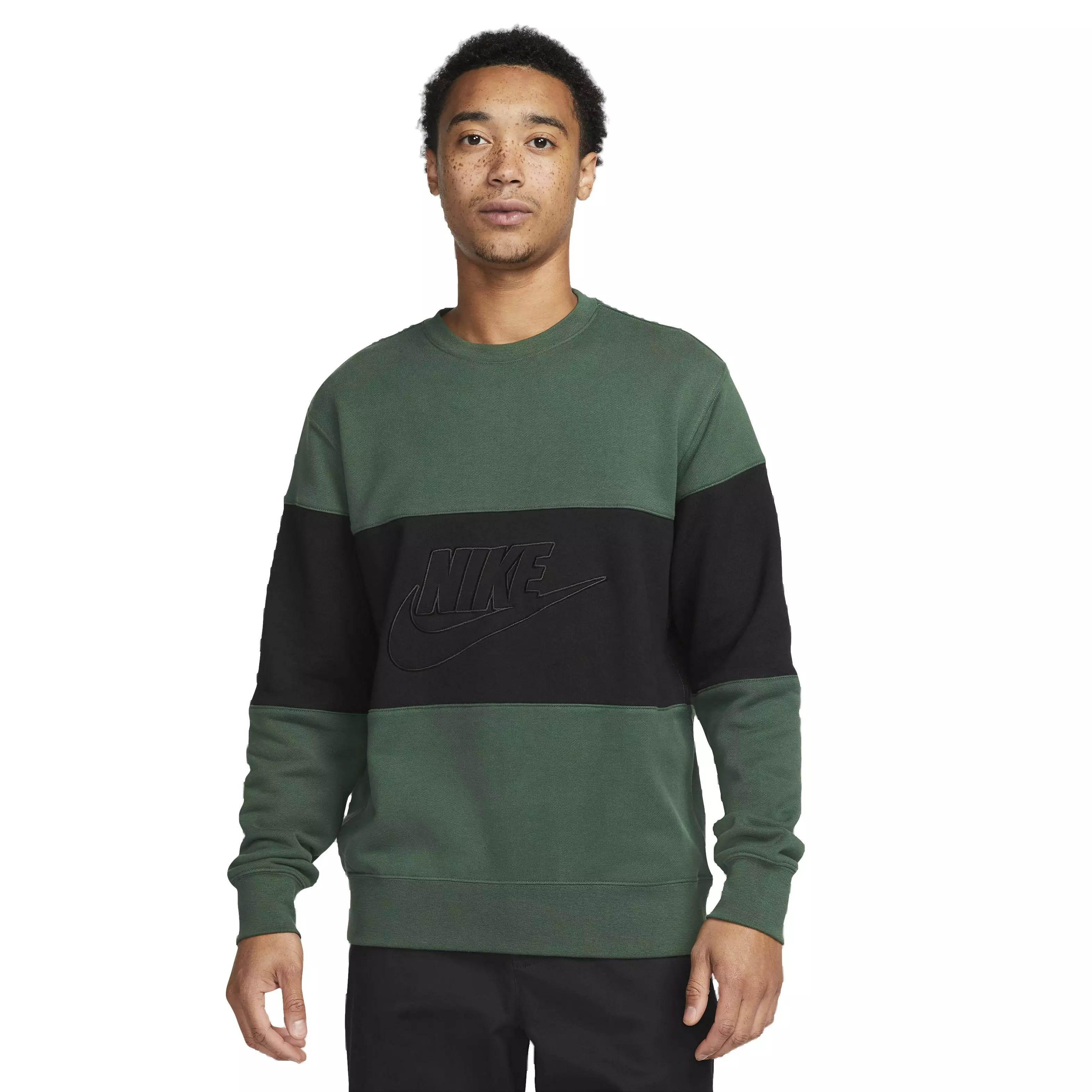 Nike Men's Club French Terry Color-Blocked Crew Sweatshirt - GREEN/BLACK