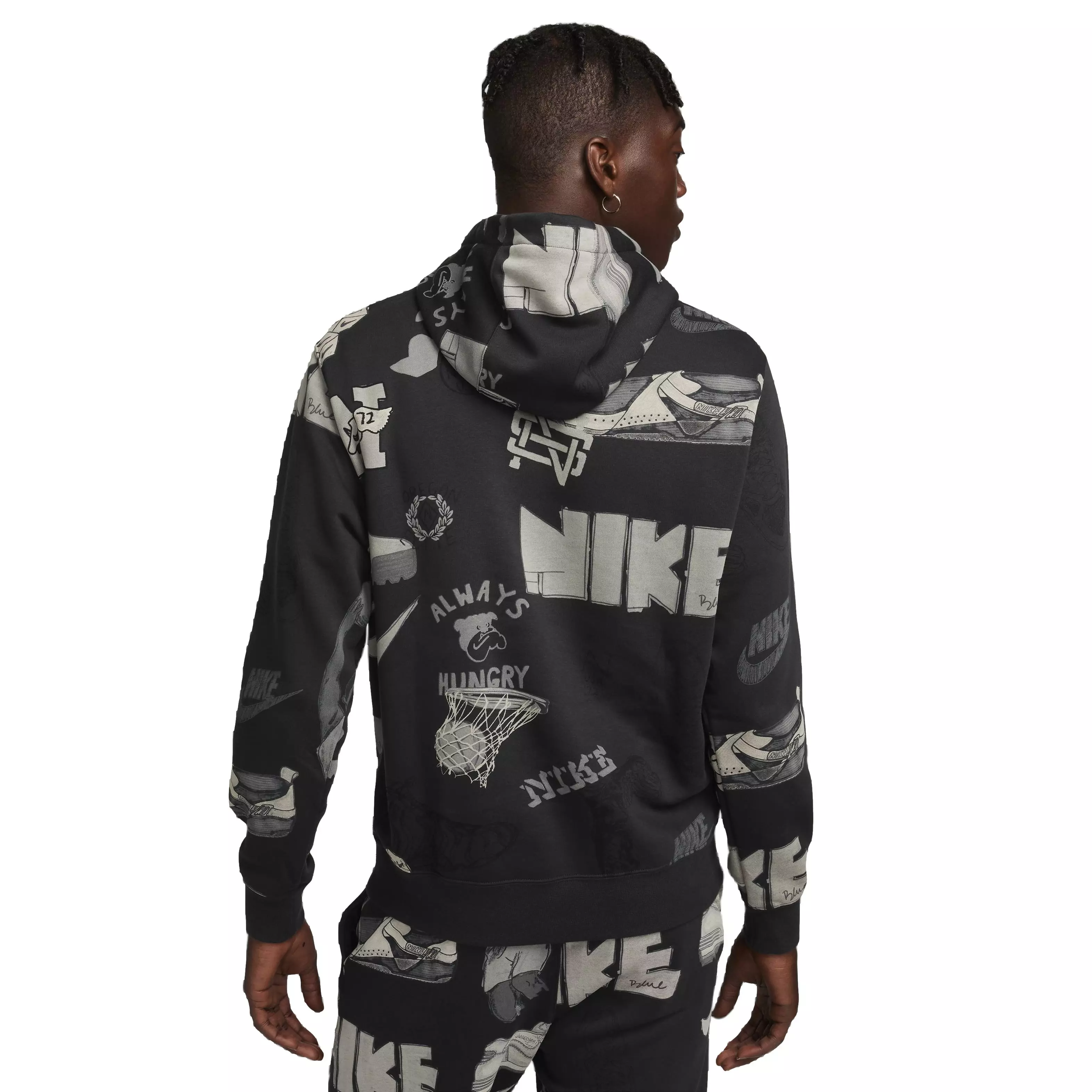 Nike Men's Sportswear Club Fleece Printed Pullover Hoodie -Black - BLACK