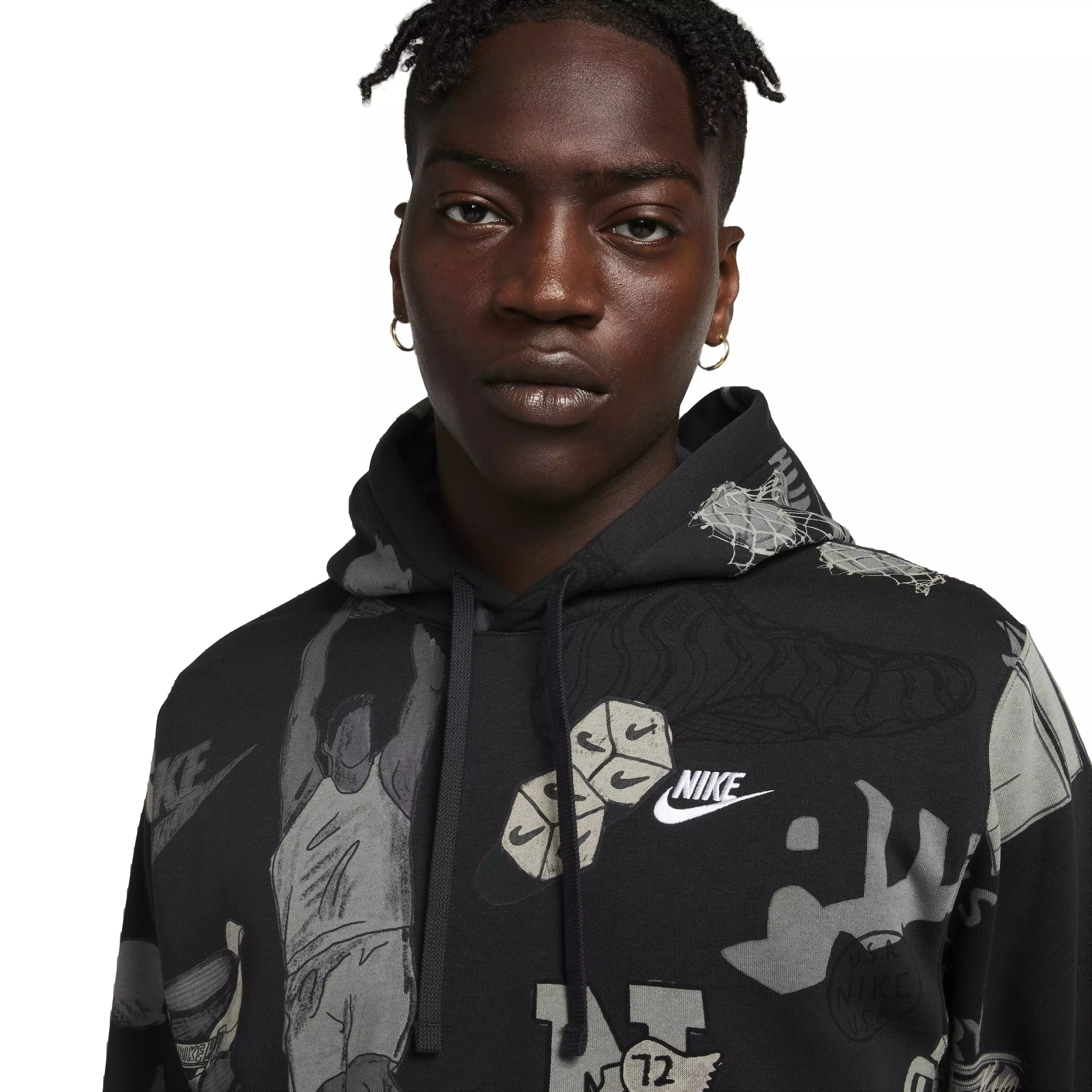 Nike Men's Sportswear Club Fleece Printed Pullover Hoodie -Black - BLACK