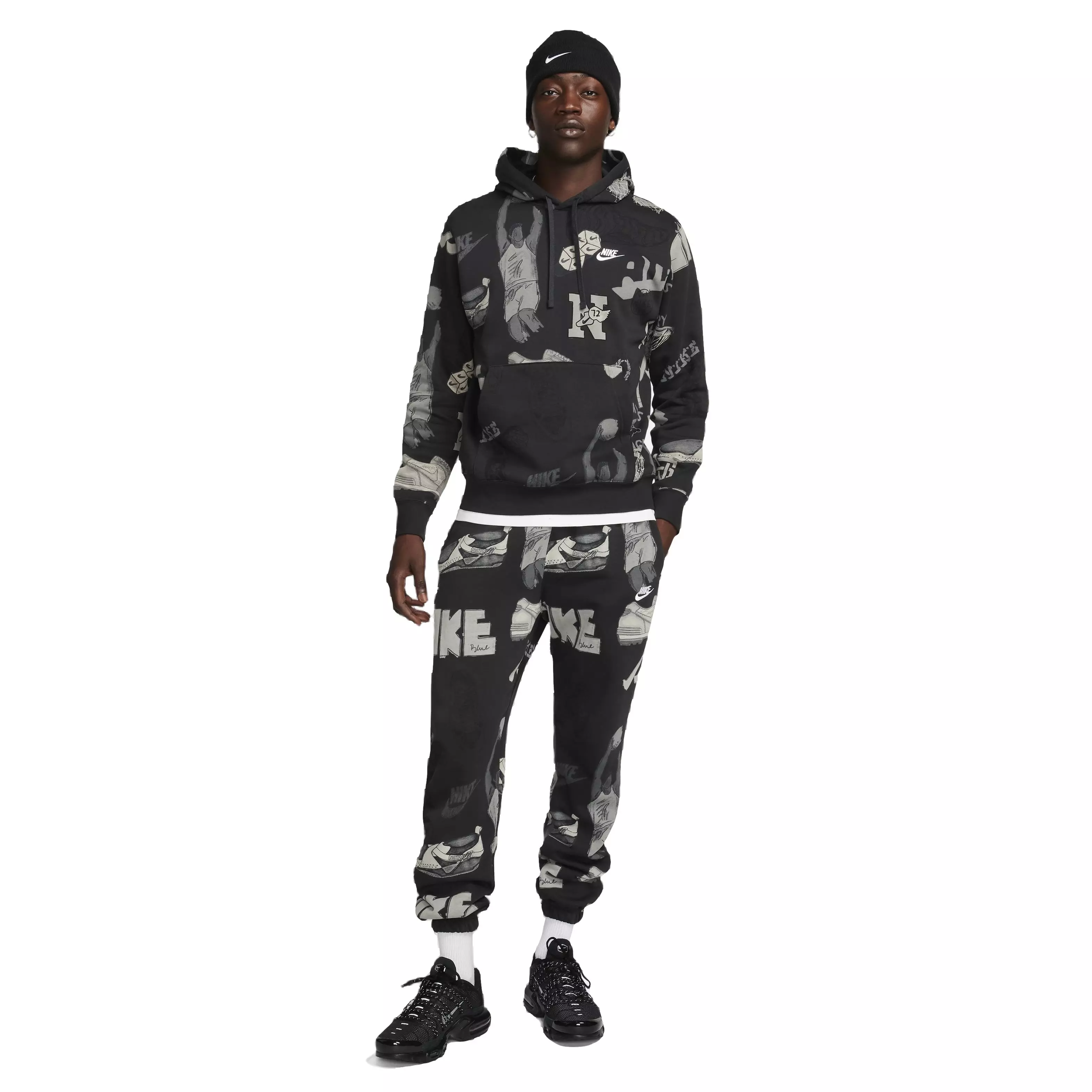 Nike Men's Sportswear Club Fleece Printed Pullover Hoodie -Black - BLACK