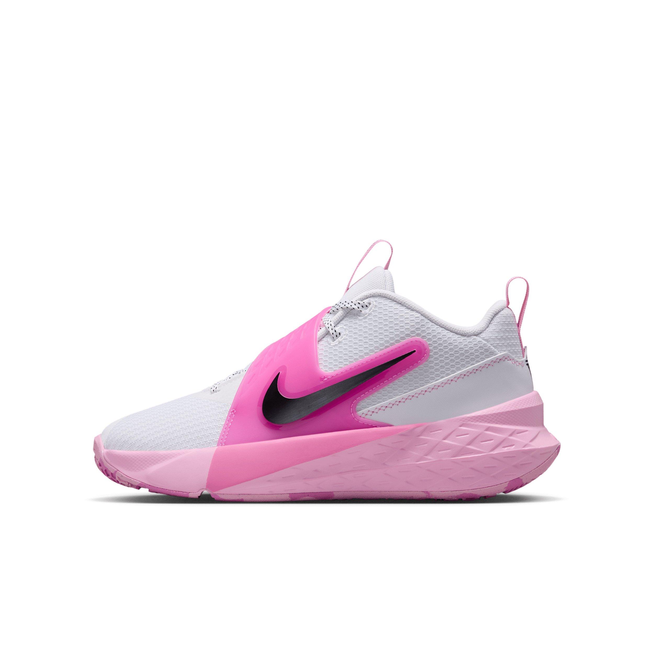 Nike Team Hustle D 12 "White/Pink Rise/Playful Pink/Black" Grade School Girls' Basketball Shoe - WHITE/PINK/PINK/BLACK
