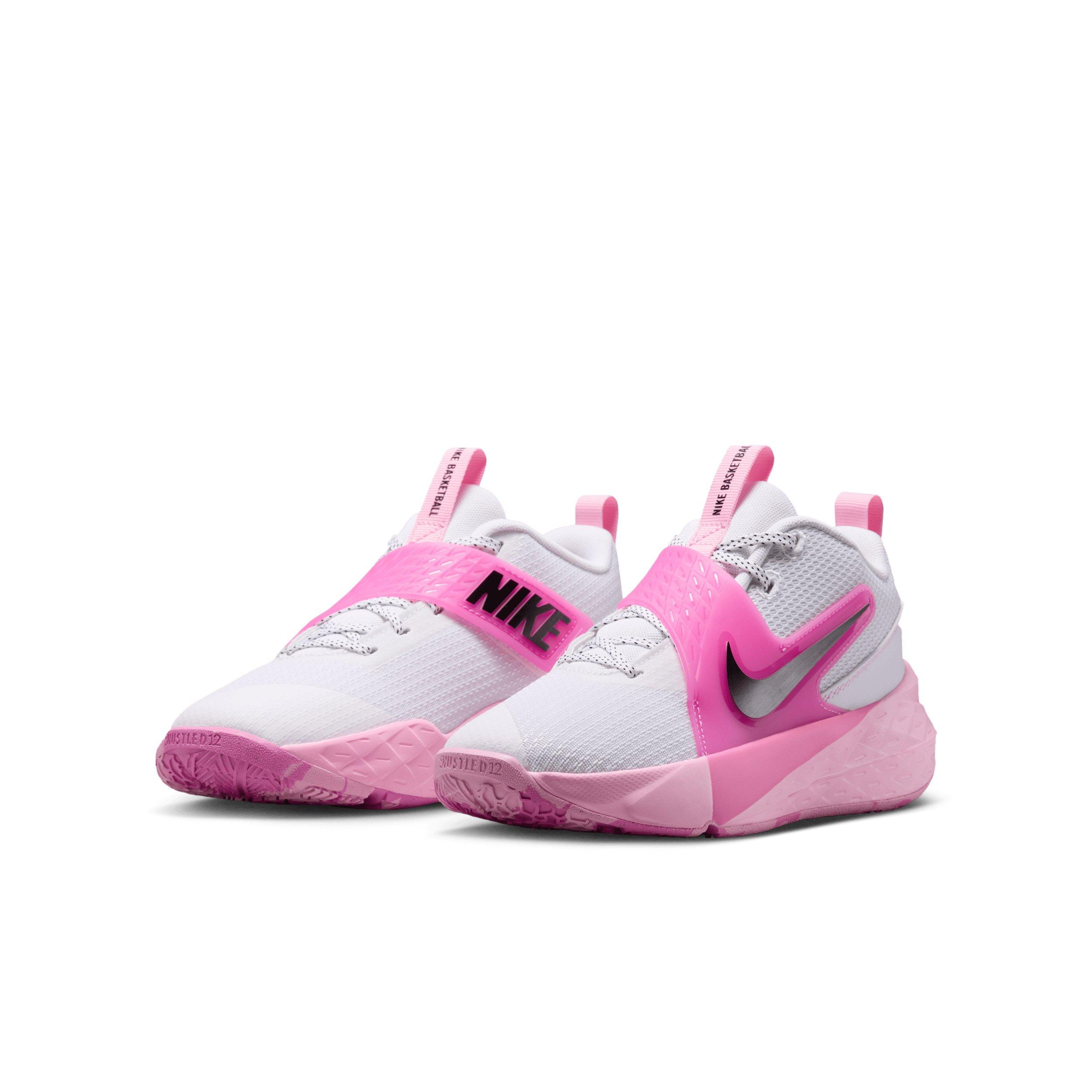 Nike Team Hustle D 12 "White/Pink Rise/Playful Pink/Black" Grade School Girls' Basketball Shoe - WHITE/PINK/PINK/BLACK