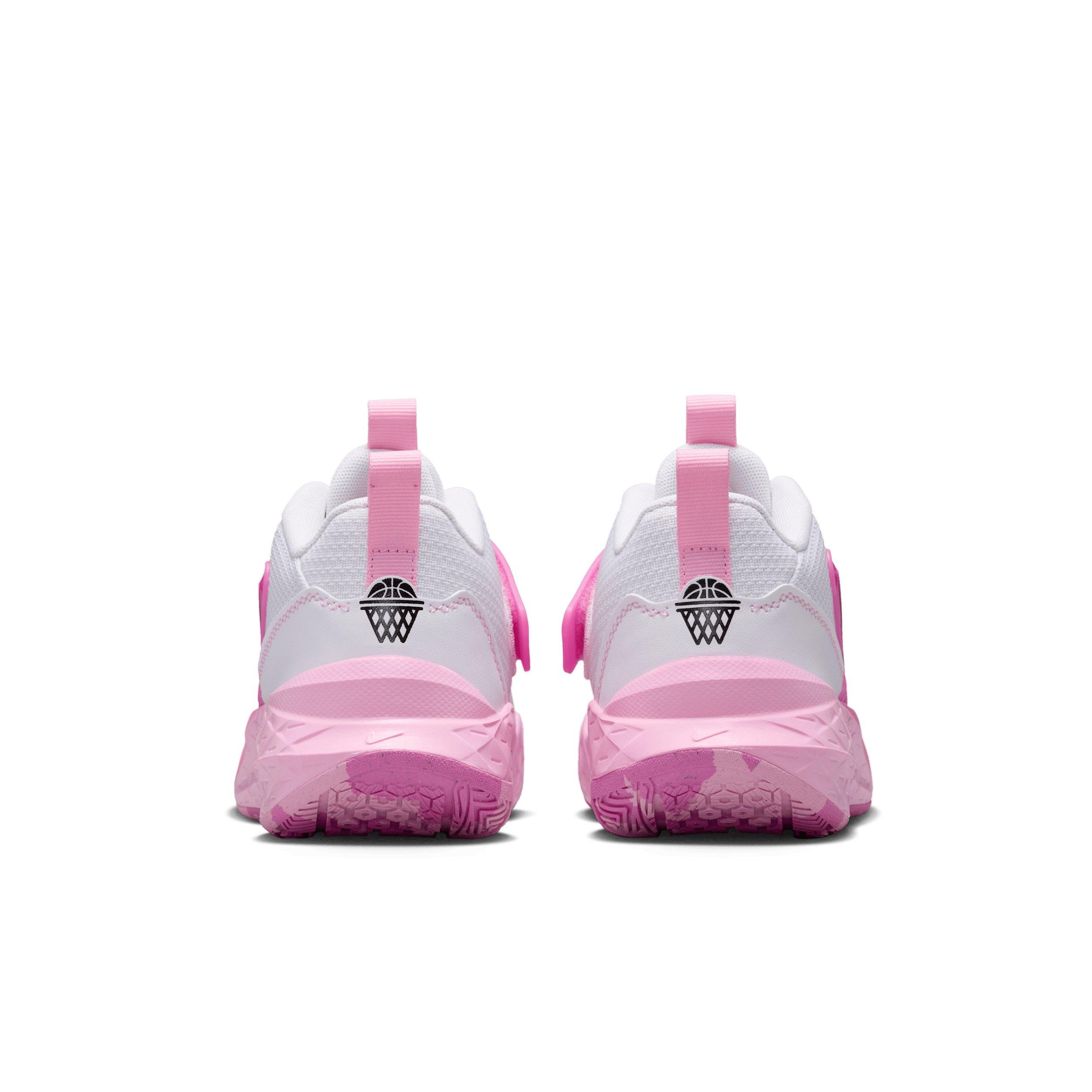 Nike Team Hustle D 12 "White/Pink Rise/Playful Pink/Black" Grade School Girls' Basketball Shoe - WHITE/PINK/PINK/BLACK