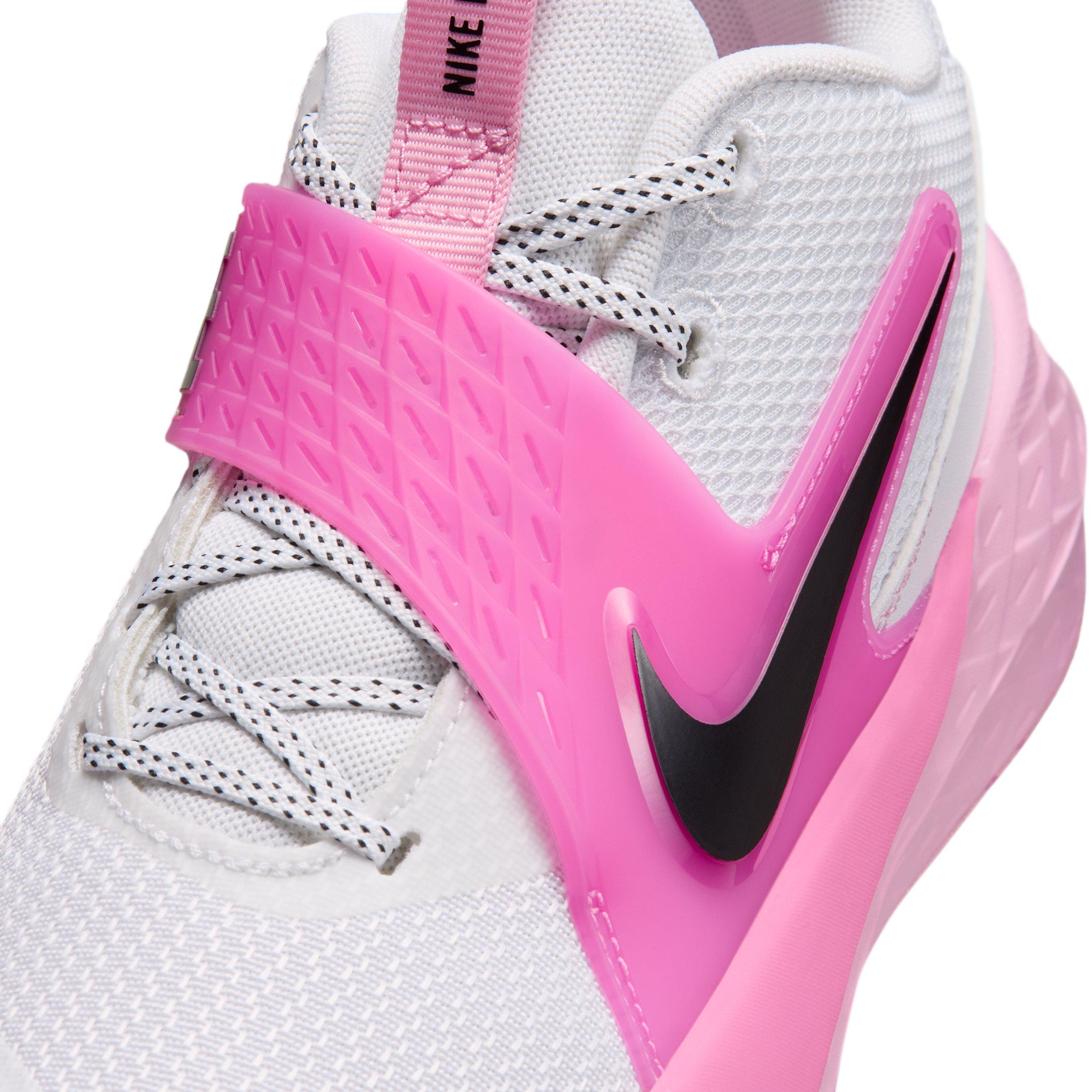 Nike Team Hustle D 12 "White/Pink Rise/Playful Pink/Black" Grade School Girls' Basketball Shoe - WHITE/PINK/PINK/BLACK