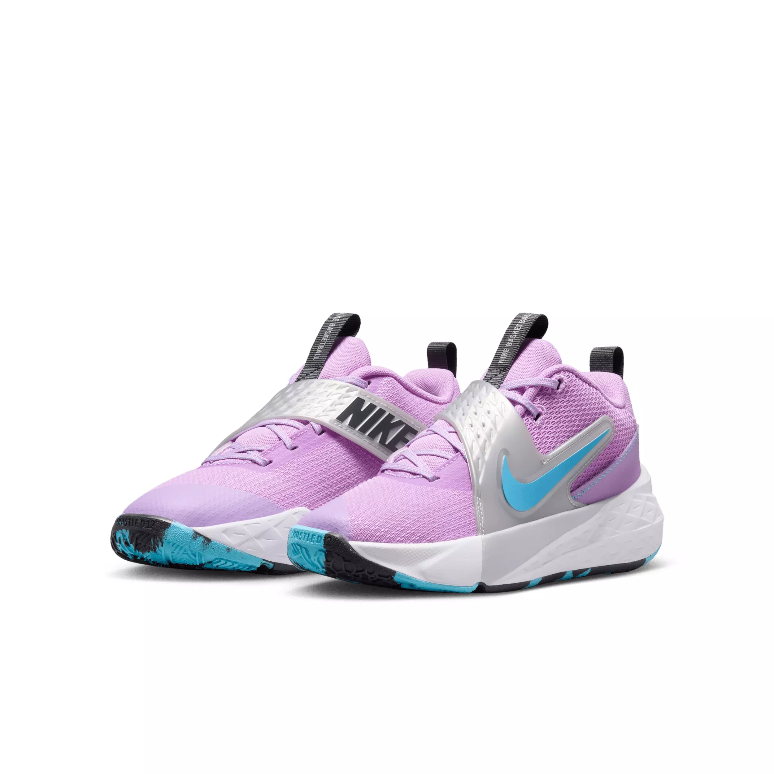 Nike Team Hustle D 12 "Fuchsia Glow/Silver/Flat Silver/Blue" Grade School Girls' Basketball Shoe - FUCHSIA/SILVER/SILVER/BLUE