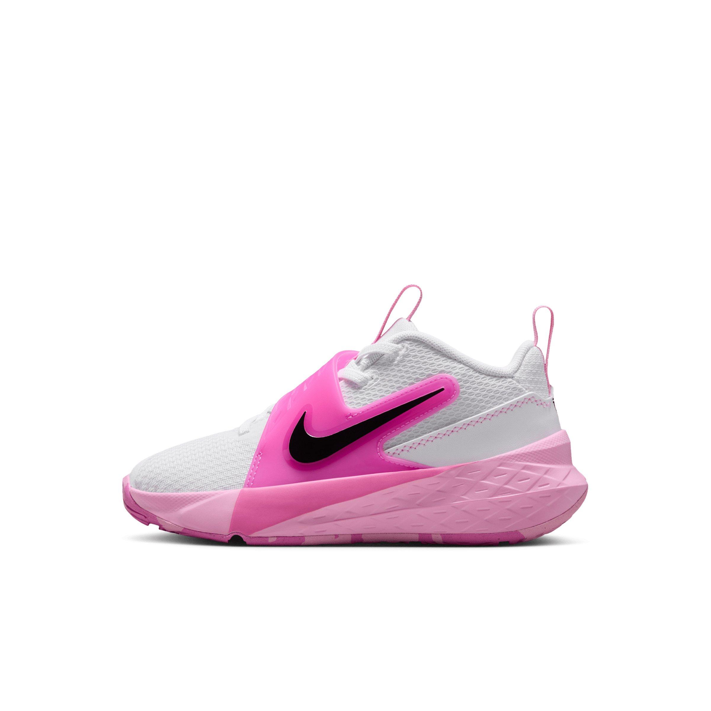 Nike Team Hustle D 12 "White/Pink Rise/Playful Pink/Black" Preschool Girls' Basketball Shoe - WHITE/PINK/PINK/BLACK
